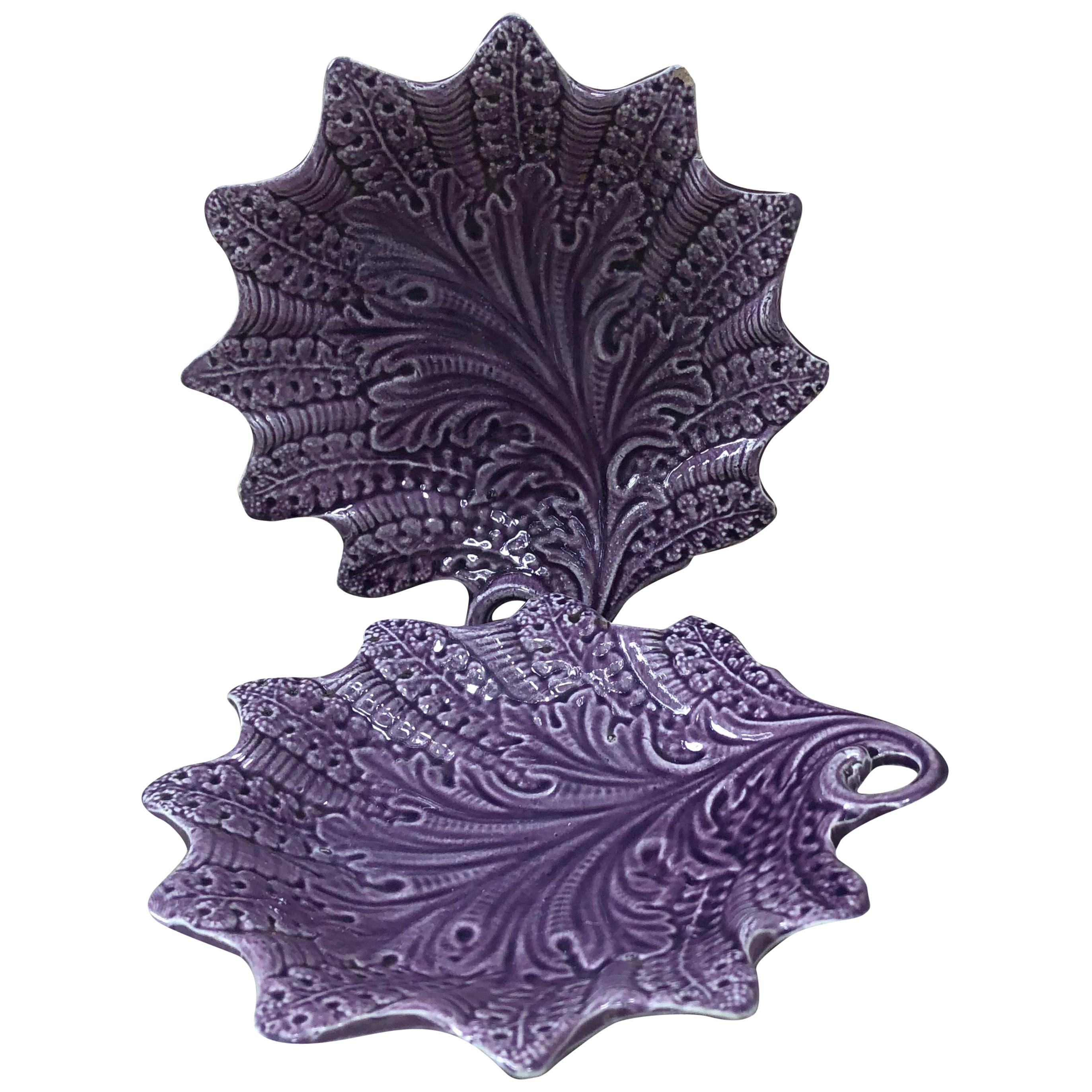 Rare French Majolica Purple Dish Leaf Onnaing, circa 1890