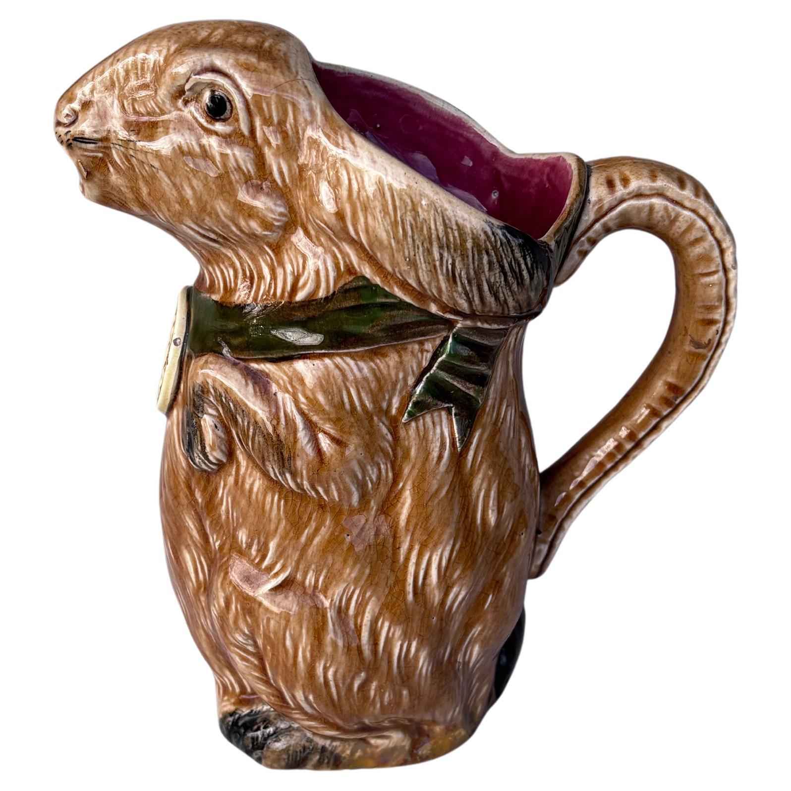 Rare French Majolica Rabbit Pitcher, circa 1900 In Good Condition For Sale In Austin, TX