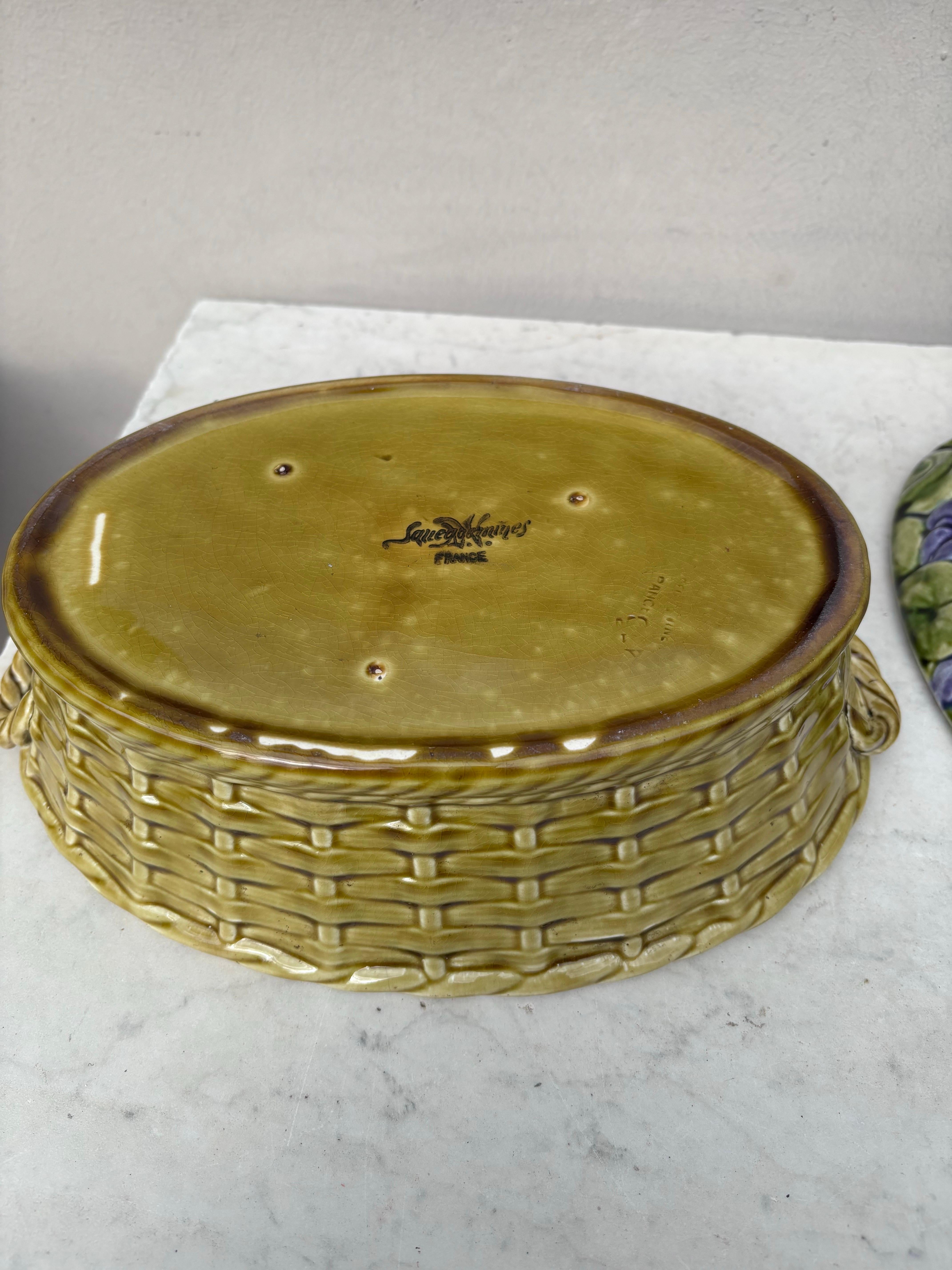Ceramic Rare French Majolica Violets Basket Sarreguemines Circa 1920 For Sale