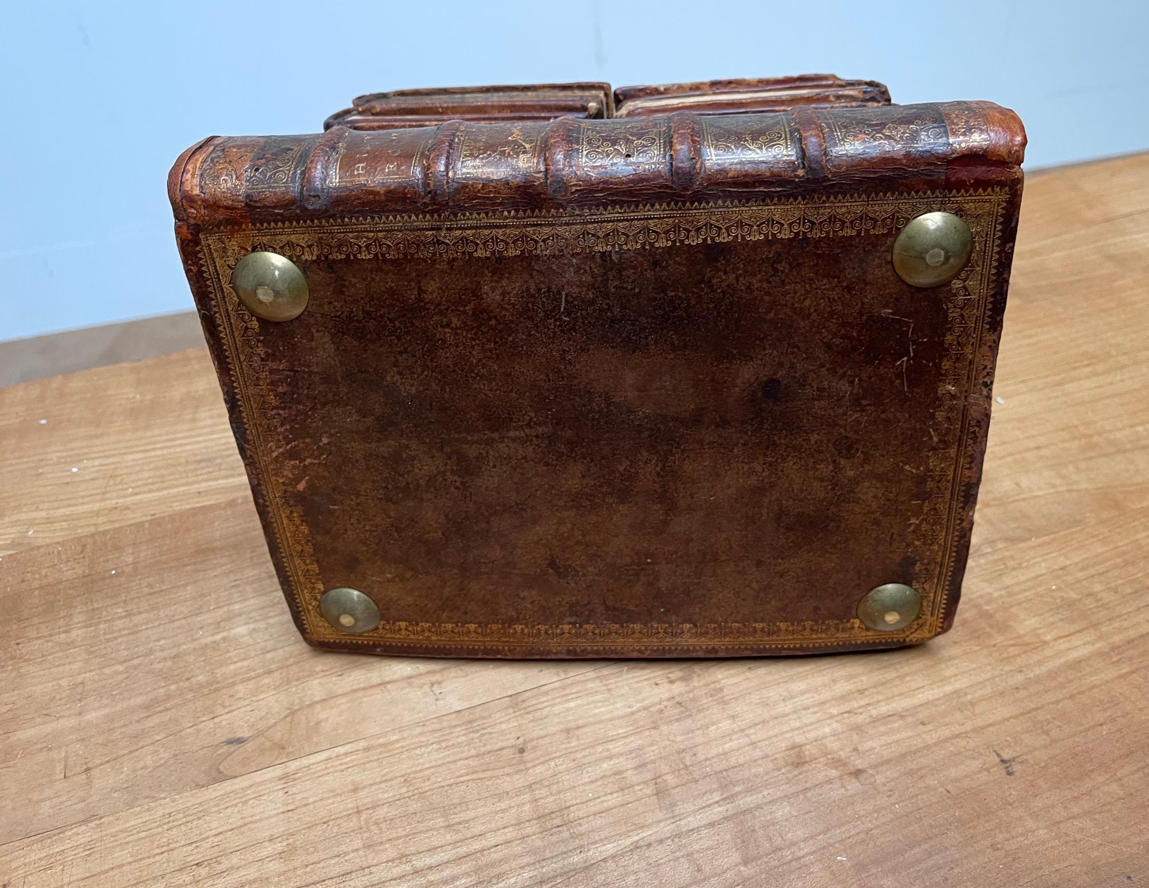 Rare French Mid-1800s Liquor Tantalus Drinks Box w. Two Stacks of Leather Books 3