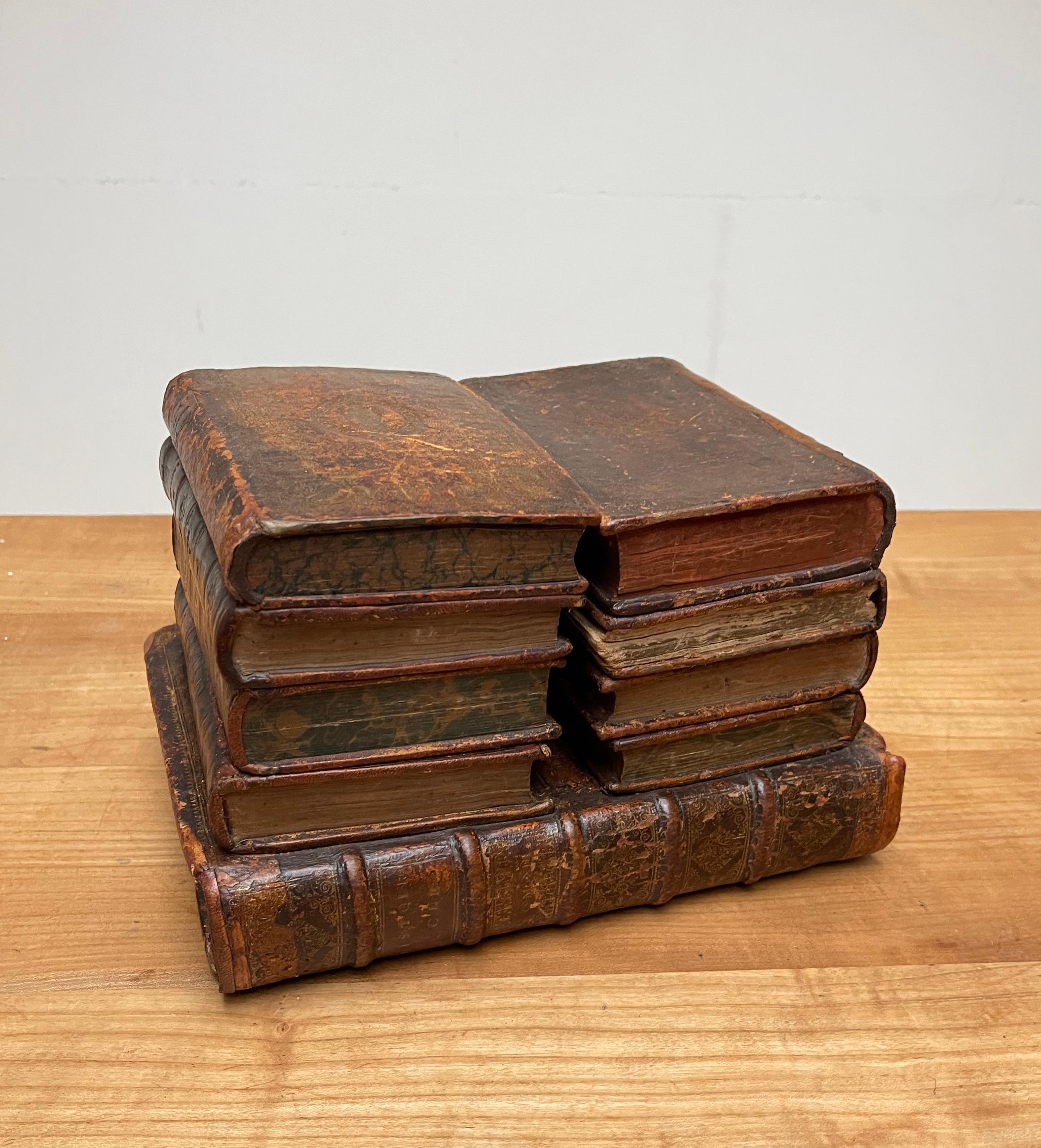 Rare French Mid-1800s Liquor Tantalus Drinks Box w. Two Stacks of Leather Books 10