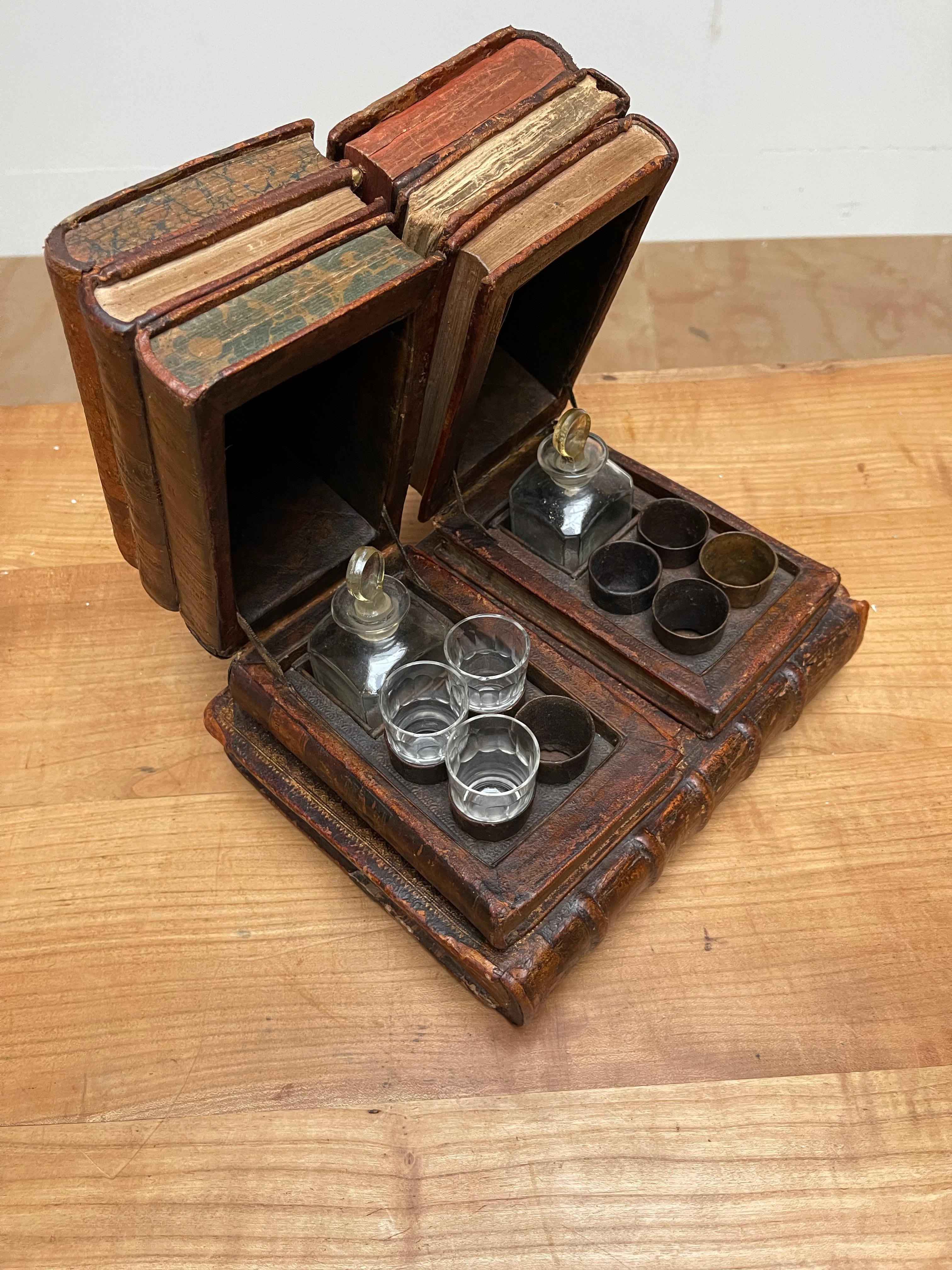 Rare French Mid-1800s Liquor Tantalus Drinks Box w. Two Stacks of Leather Books 11