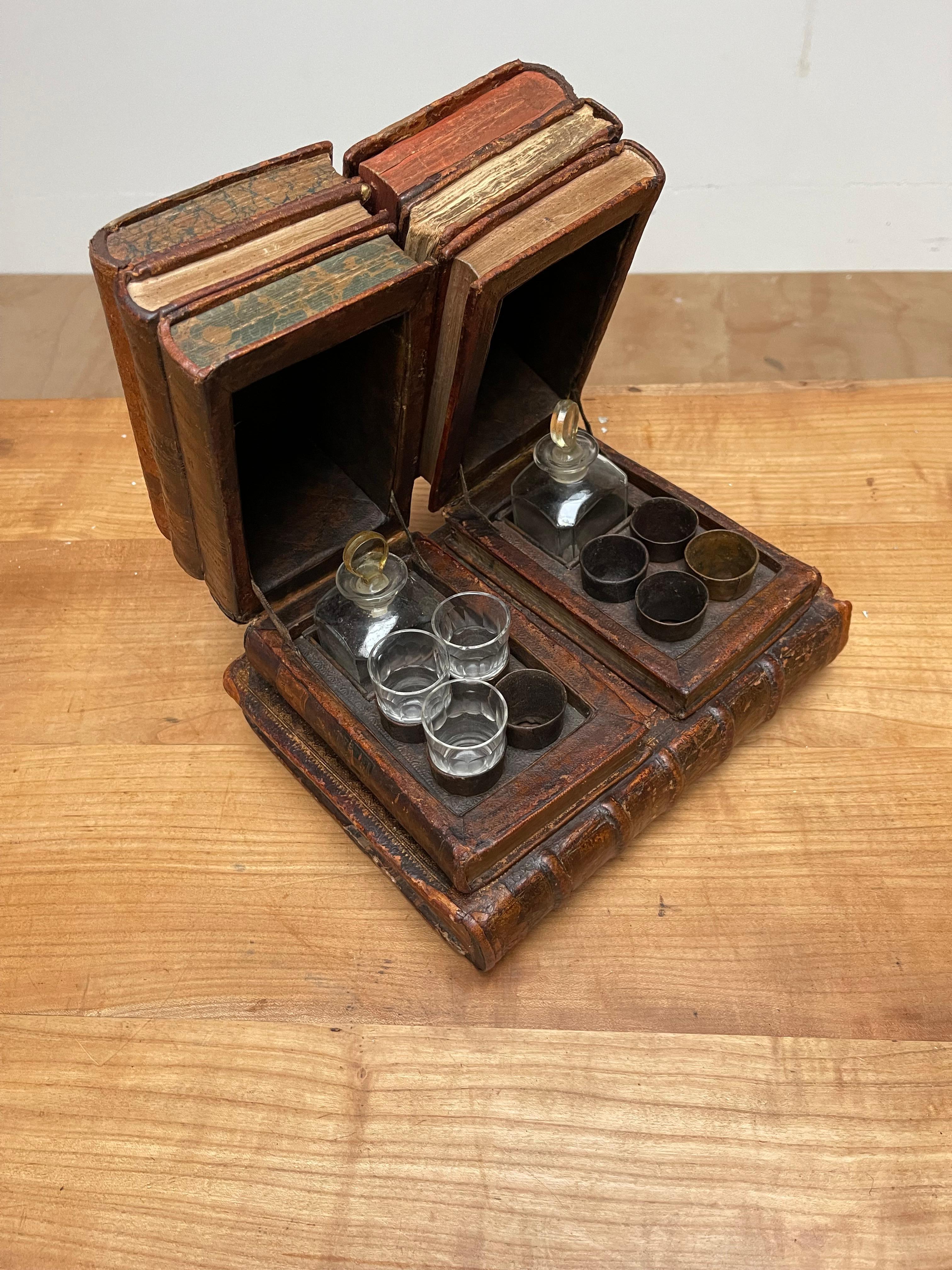 Etched Rare French Mid-1800s Liquor Tantalus Drinks Box w. Two Stacks of Leather Books
