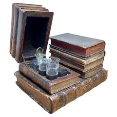 Rare French Mid-1800s Liquor Tantalus Drinks Box w. Two Stacks of Leather Books