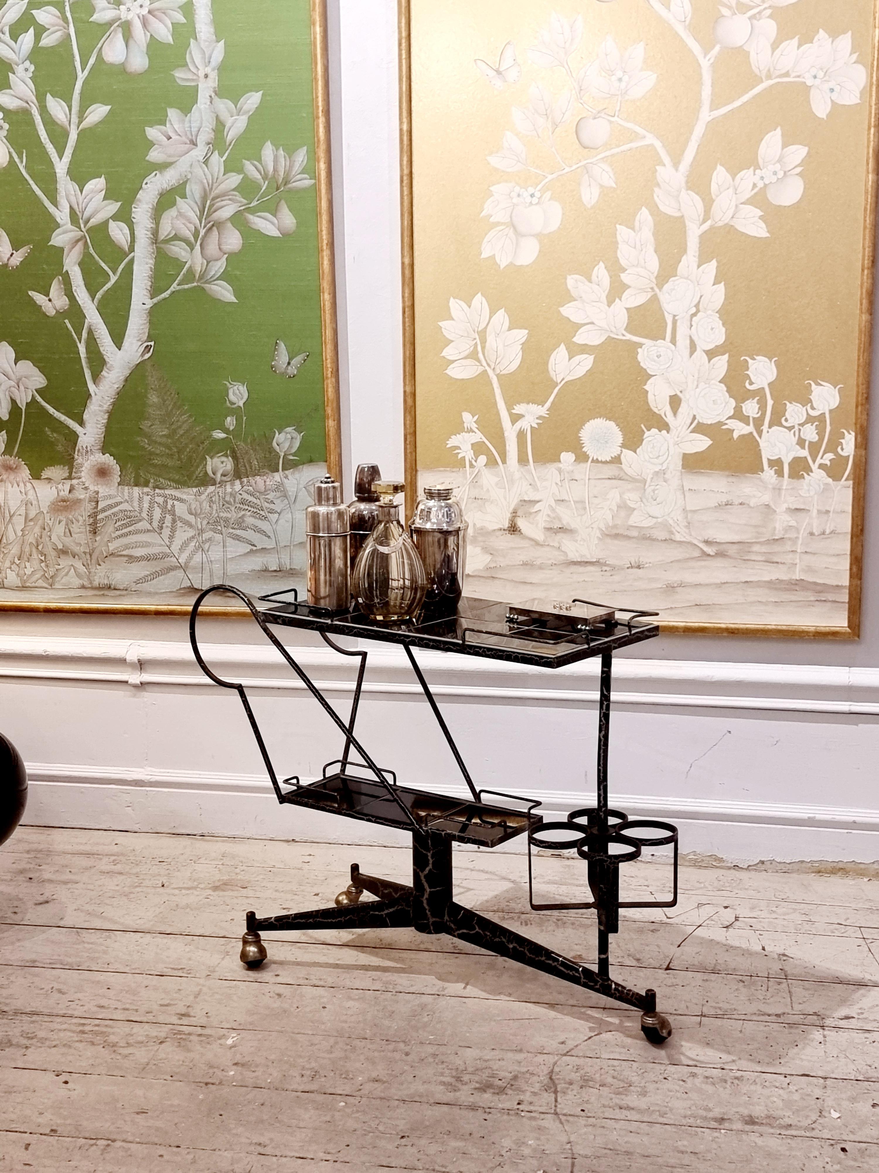 Rare French Midcentury Bar Cart, Steel with Brass Details For Sale 4