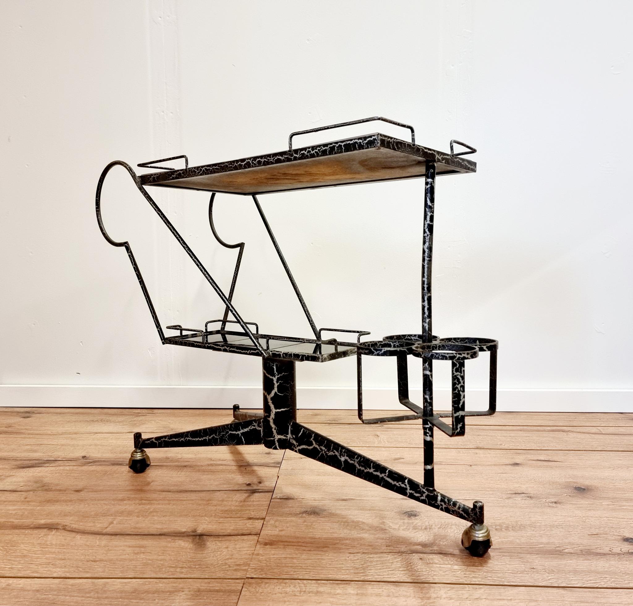 Rare French Midcentury Bar Cart, Steel with Brass Details In Good Condition In Stockholm, SE