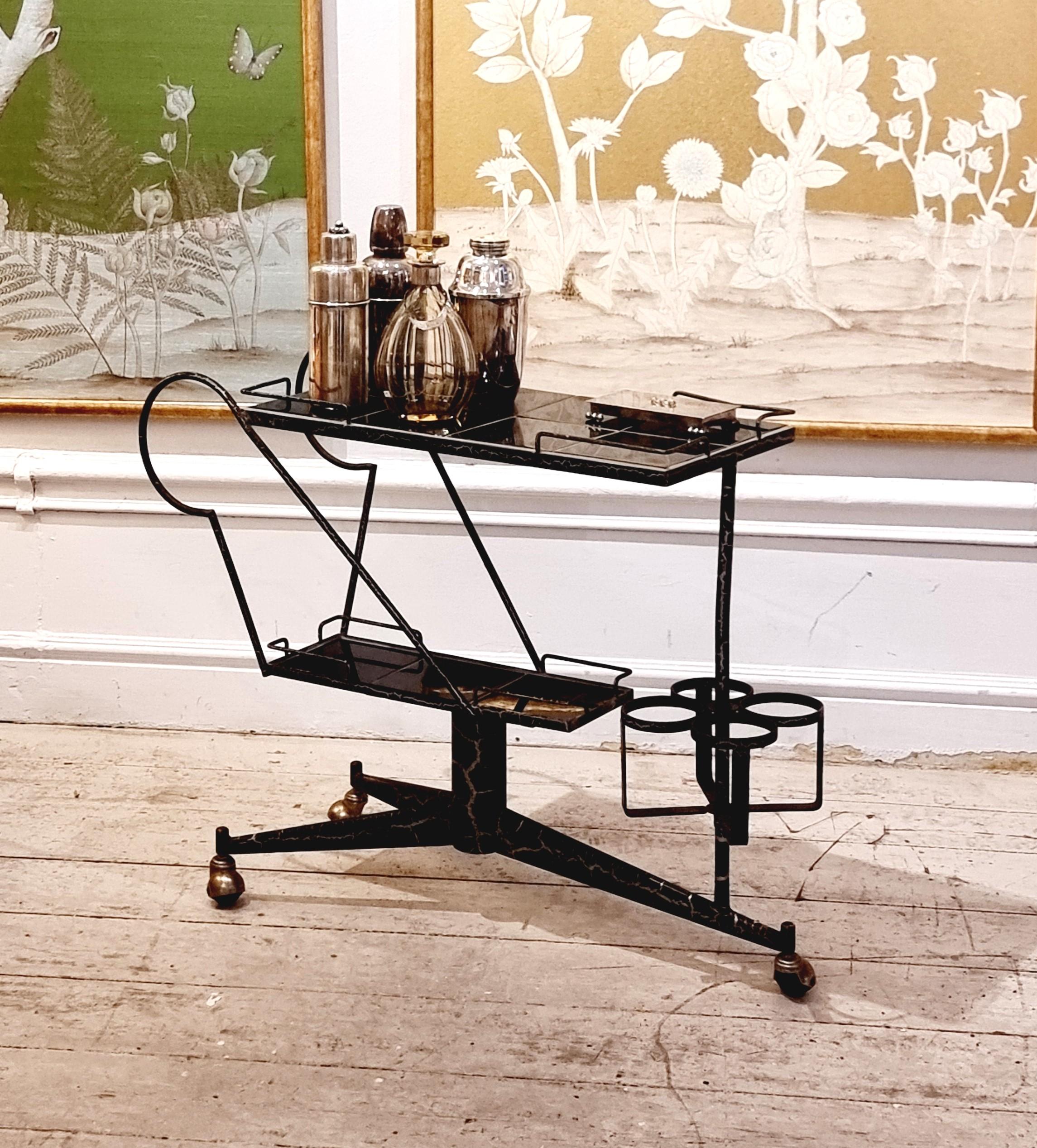 Mid-Century Modern Rare French Midcentury Bar Cart, Steel with Brass Details For Sale