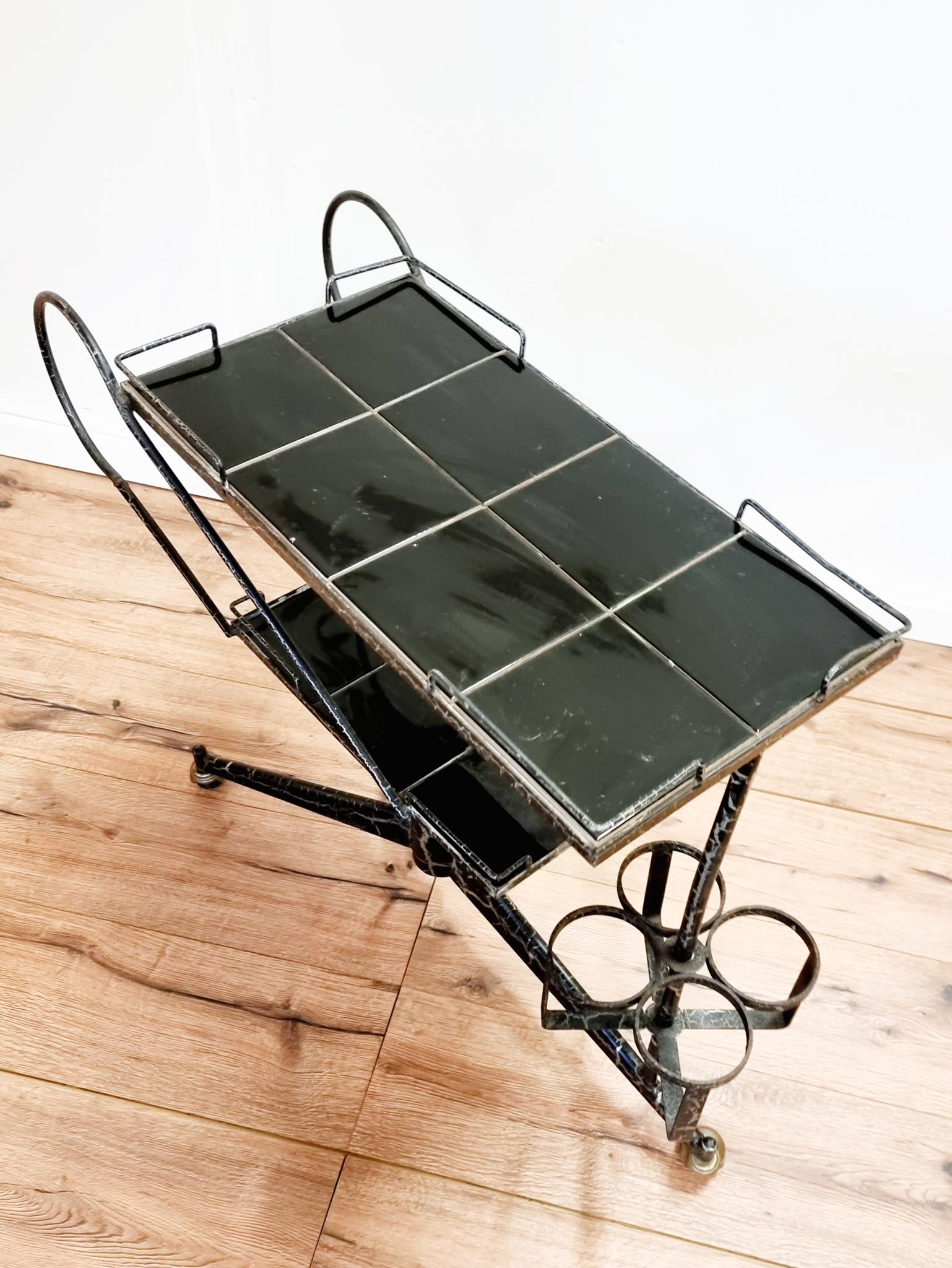 20th Century Rare French Midcentury Bar Cart, Steel with Brass Details