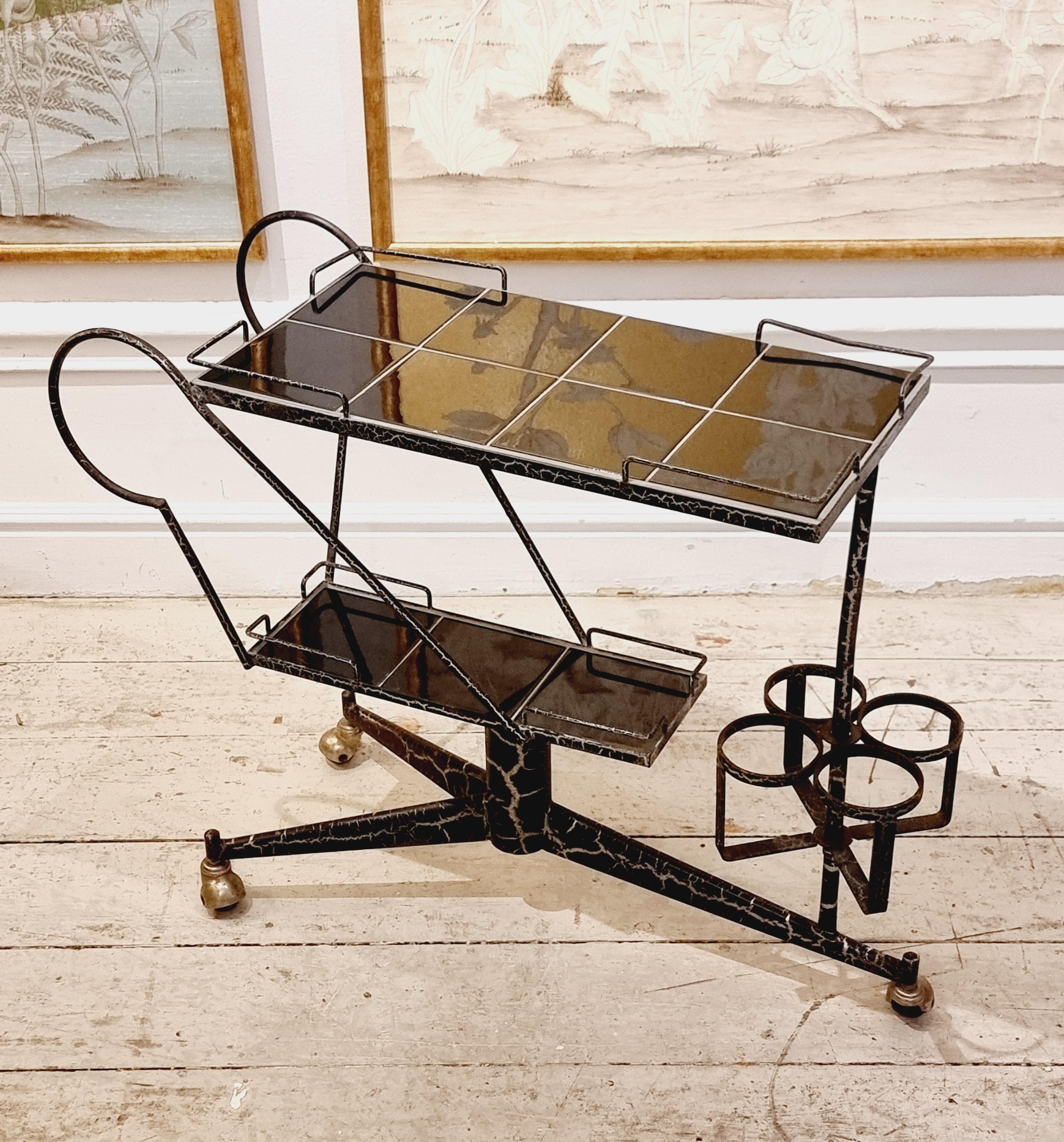 Rare French Midcentury Bar Cart, Steel with Brass Details In Good Condition For Sale In Stockholm, SE