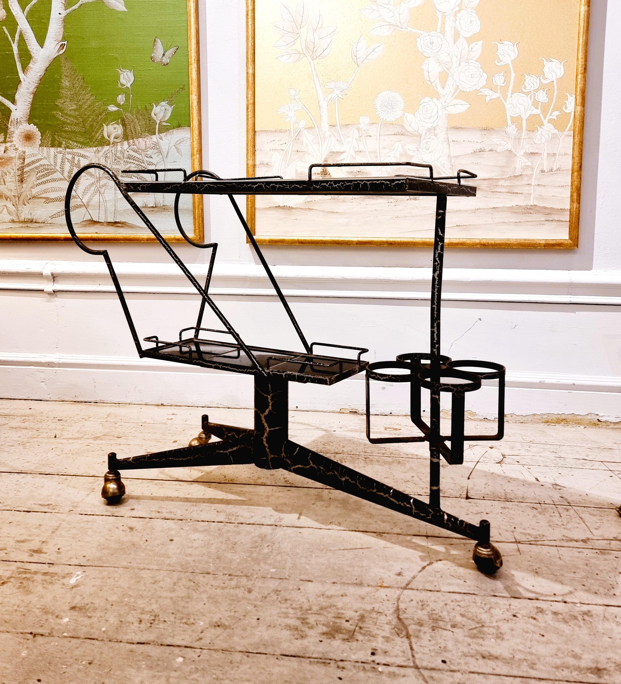 20th Century Rare French Midcentury Bar Cart, Steel with Brass Details For Sale