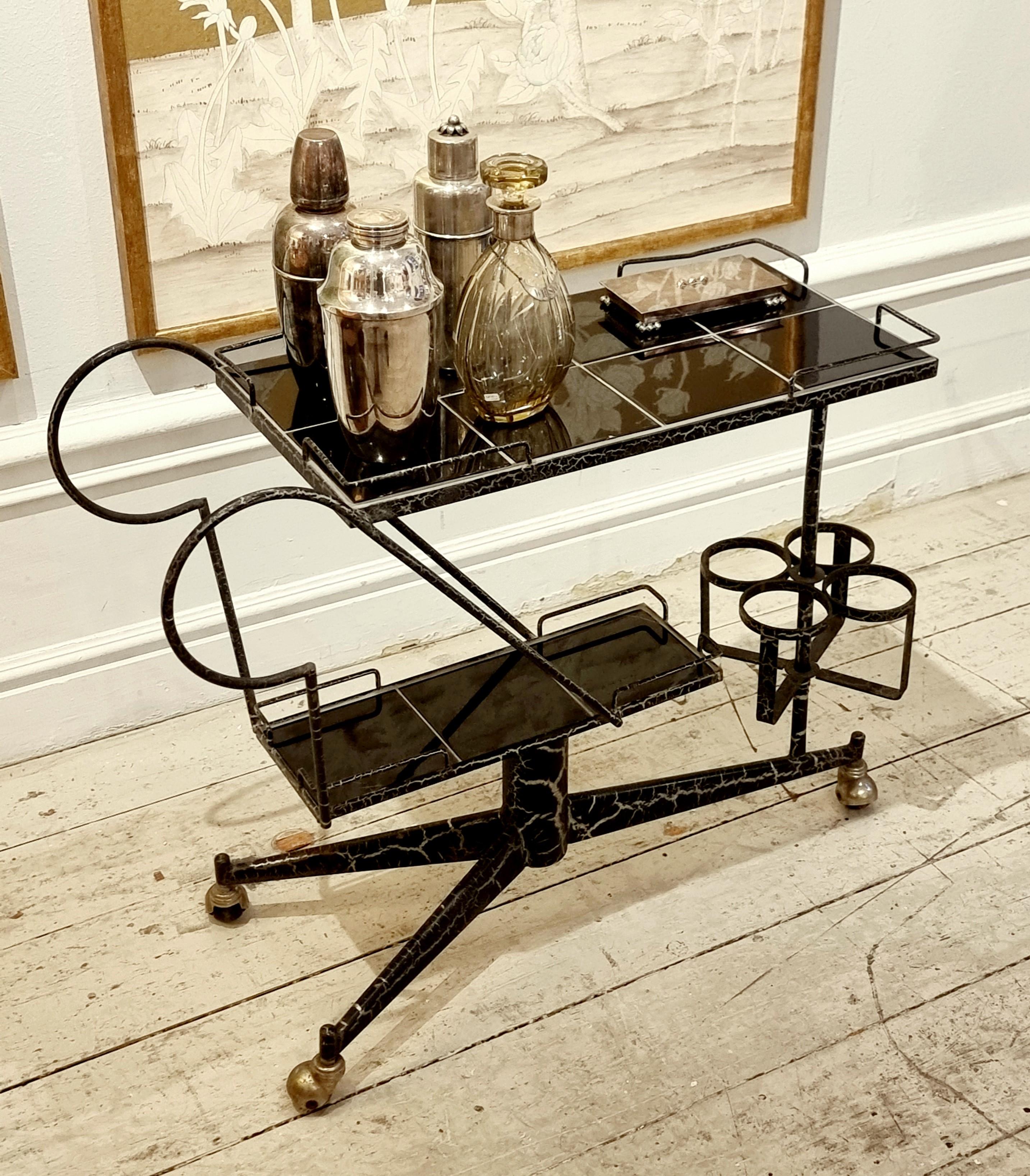 Rare French Midcentury Bar Cart, Steel with Brass Details For Sale 3