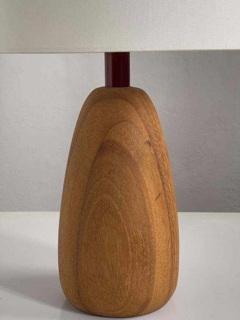 Carved Rare French modern table Lamp carved from Solid Elm Tree with bordeaux top part. For Sale
