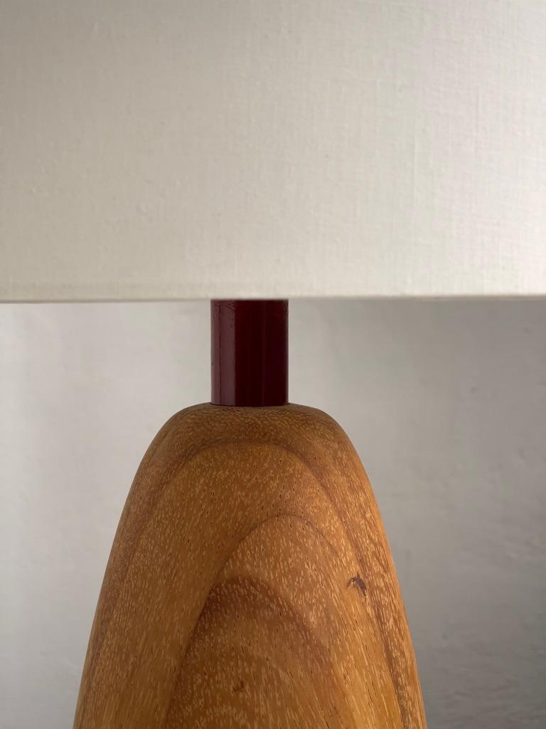 Rare French modern table Lamp carved from Solid Elm Tree with bordeaux top part. In Good Condition For Sale In København K, 84