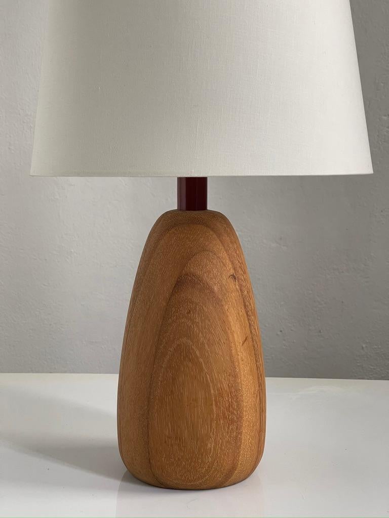20th Century Rare French modern table Lamp carved from Solid Elm Tree with bordeaux top part. For Sale