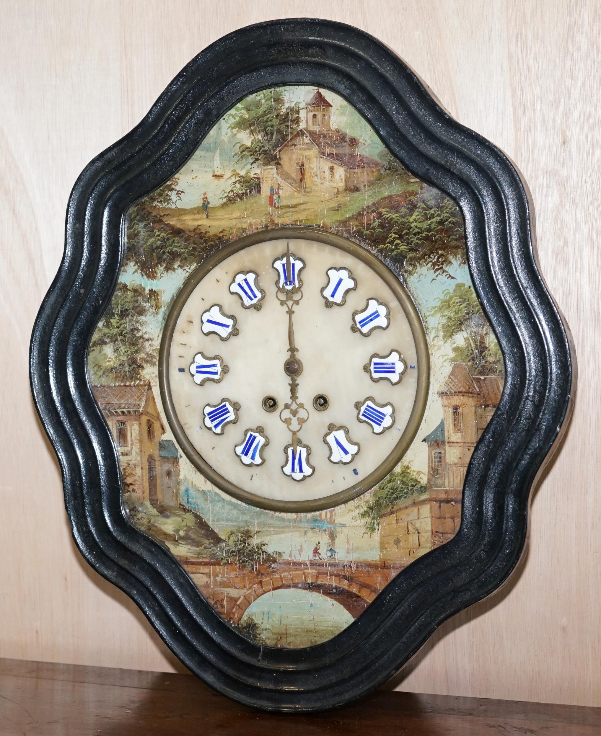 Hand-Crafted Rare French Napoleon III Oeil De Boeuf Hand Painted Wall Mounted Pendulum Clock For Sale