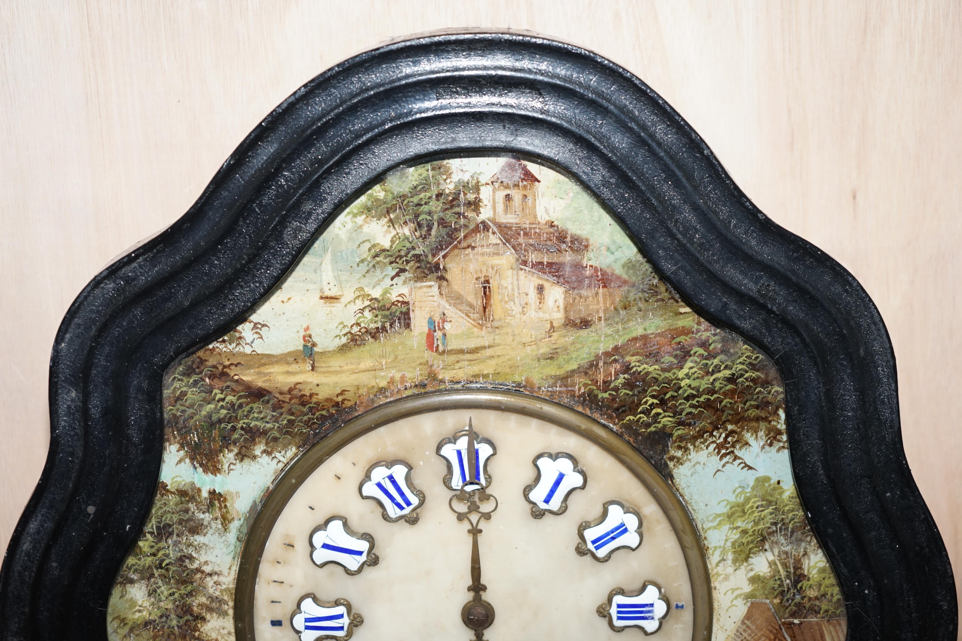 Mid-19th Century Rare French Napoleon III Oeil De Boeuf Hand Painted Wall Mounted Pendulum Clock For Sale