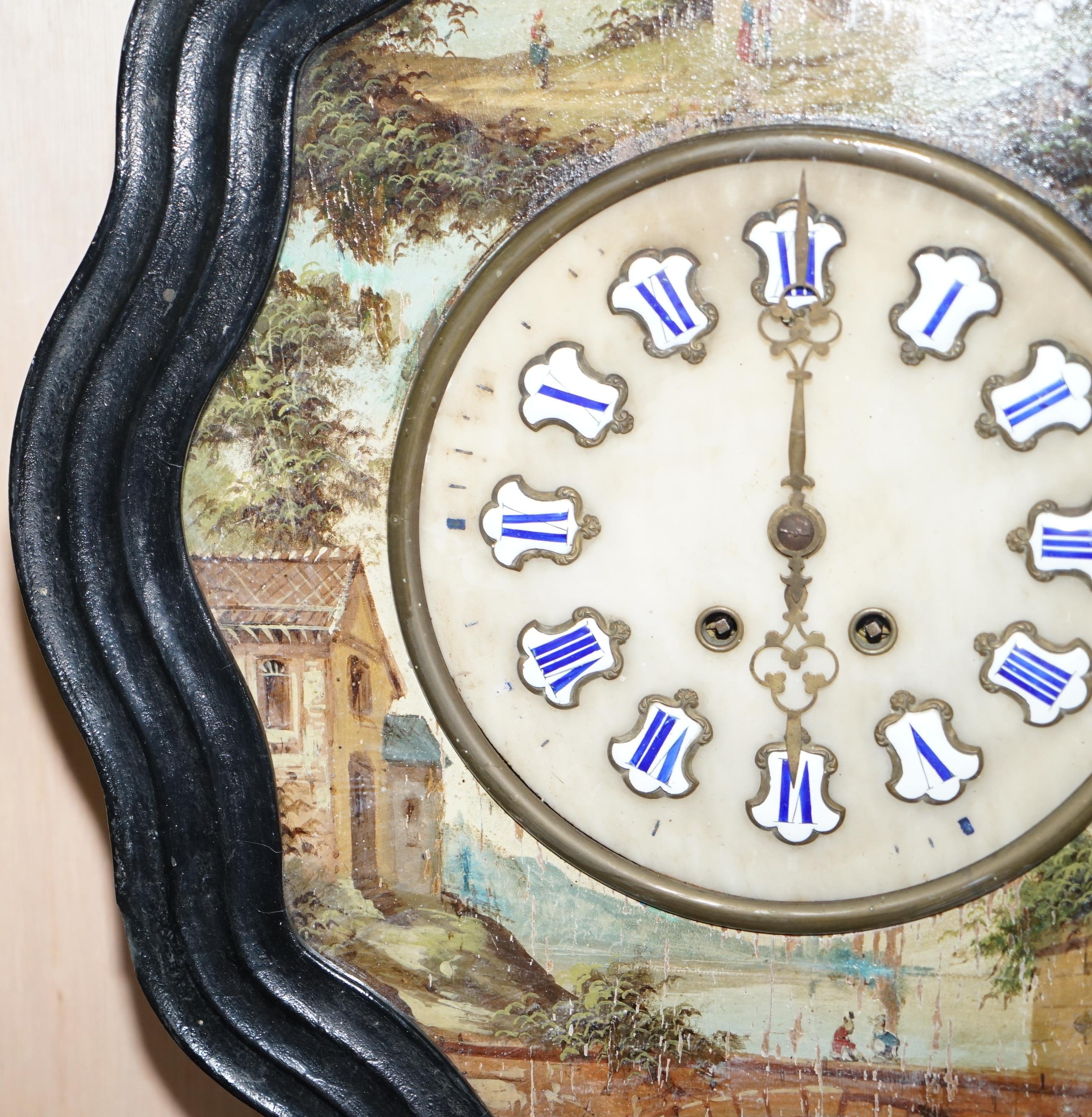 Wood Rare French Napoleon III Oeil De Boeuf Hand Painted Wall Mounted Pendulum Clock For Sale