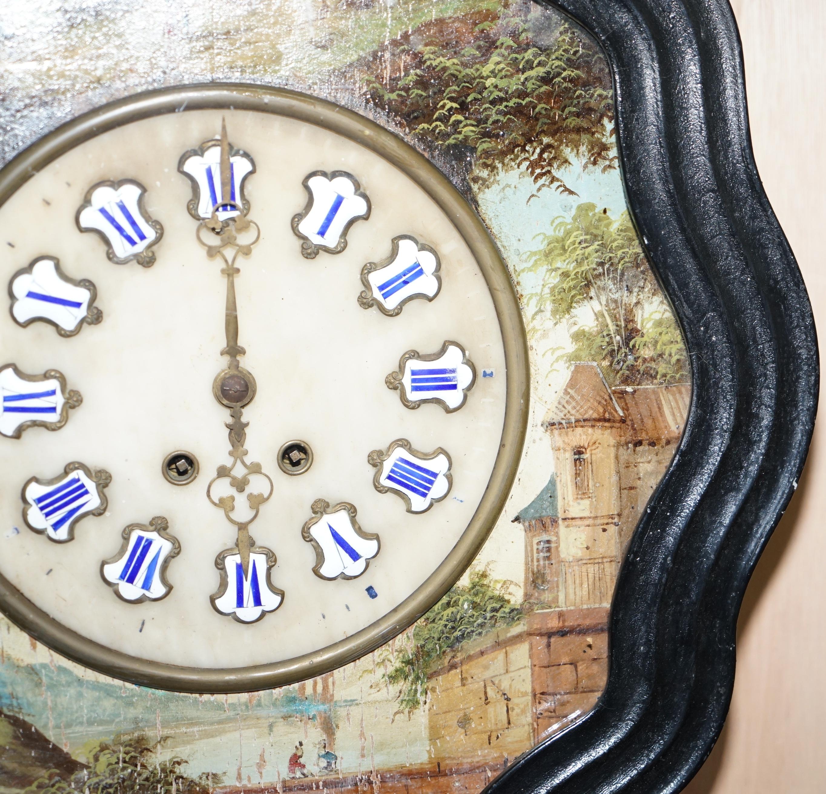 Hand-Crafted Rare French Napoleon III Oeil De Boeuf Hand Painted Wall Mounted Pendulum Clock