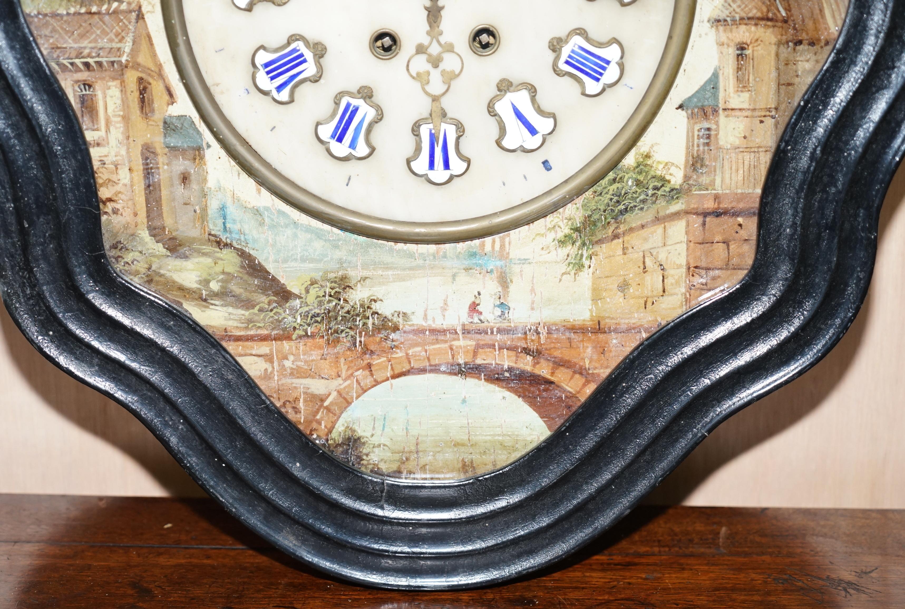 Rare French Napoleon III Oeil De Boeuf Hand Painted Wall Mounted Pendulum Clock For Sale 2