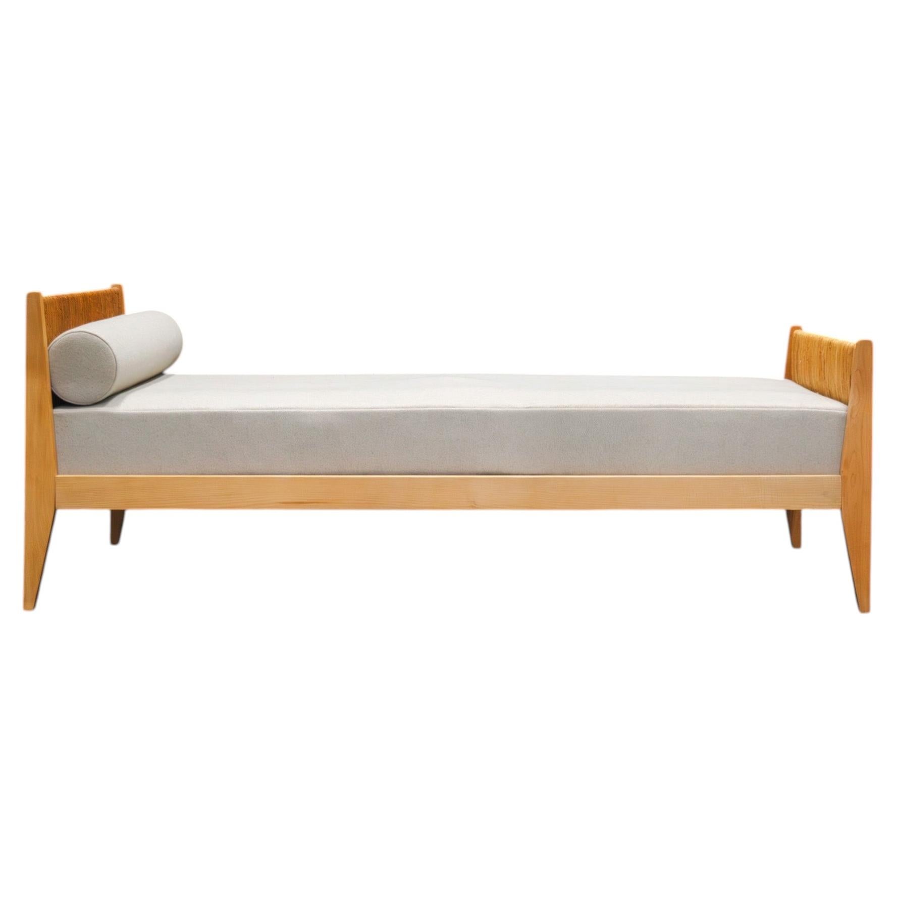 Rare French Oak & Rush Daybed by Georges Robert, France, c. 1960