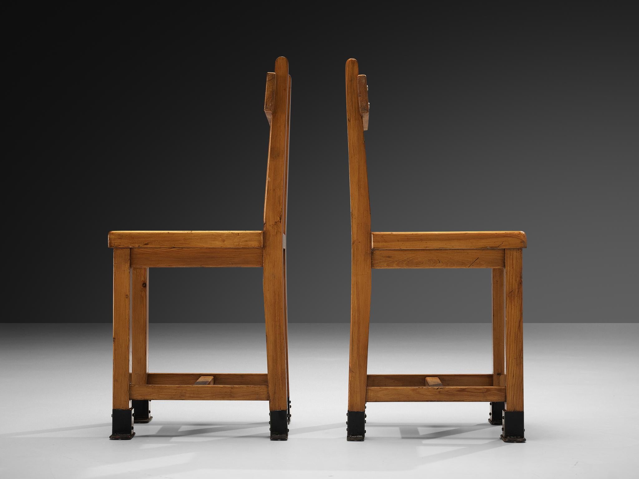 Mid-20th Century Rare French Pair of Dining Chairs in Pine with Metal Feet For Sale