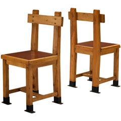 Rare French Pair of Dining Chairs in Pine with Metal Feet