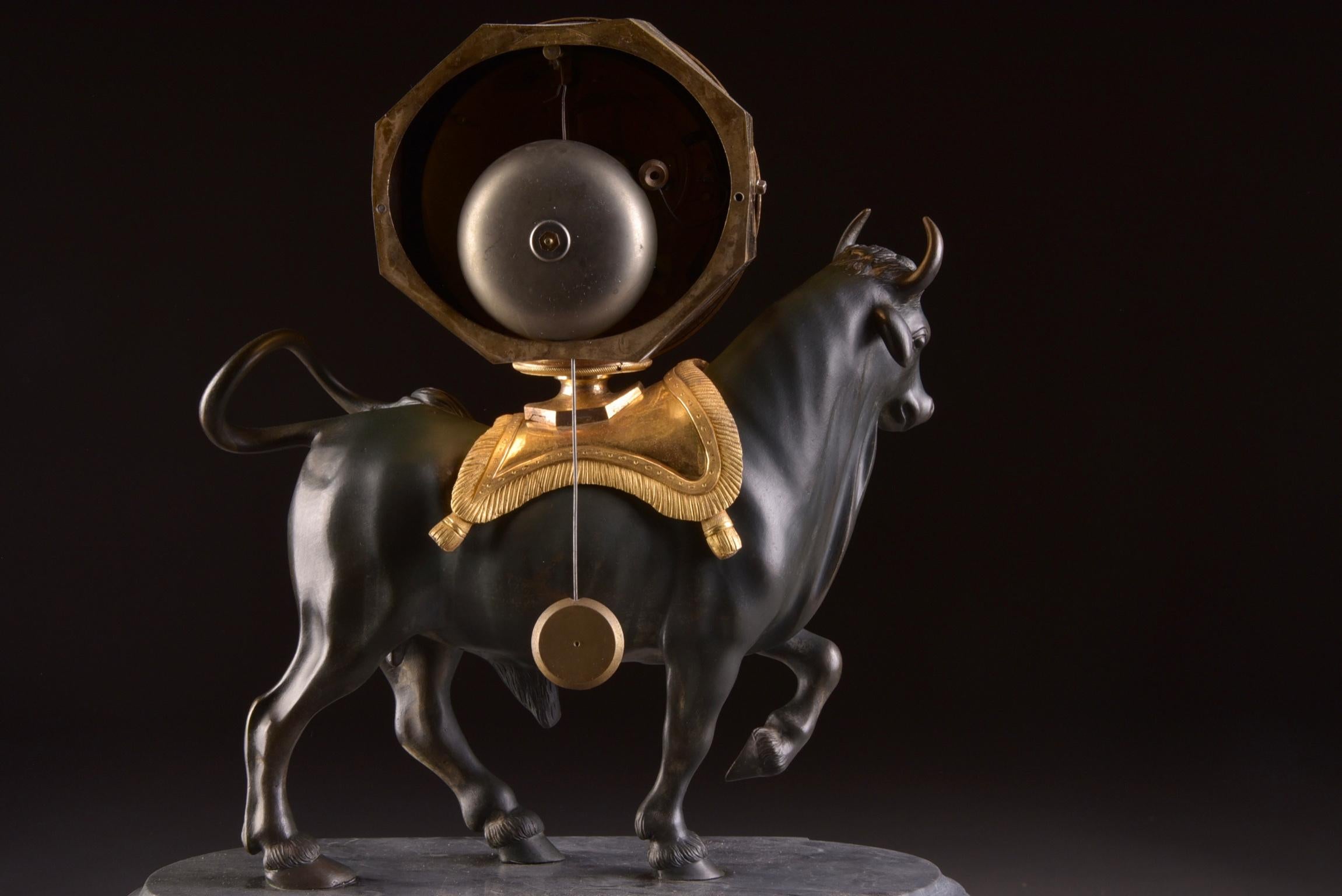 Rare French Patinated Gilt Bronze Directoire/Louis XVI Bull Clock, Gaston Jolly 4