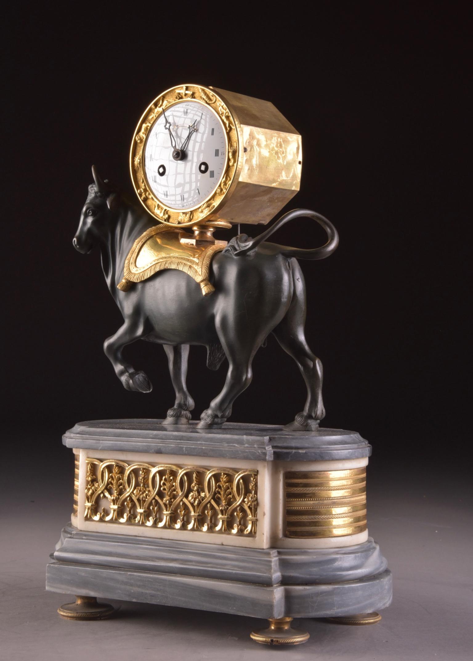 Rare French Patinated Gilt Bronze Directoire/Louis XVI Bull Clock, Gaston Jolly 5