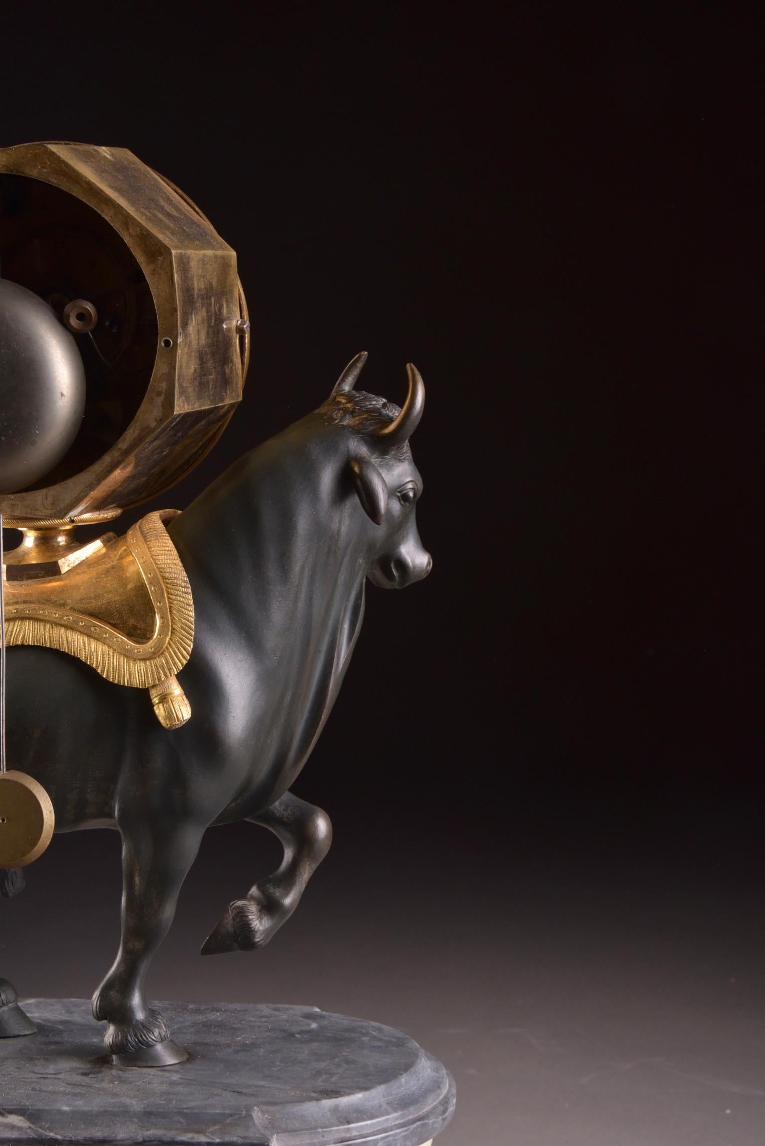 Rare French Patinated Gilt Bronze Directoire/Louis XVI Bull Clock, Gaston Jolly 6