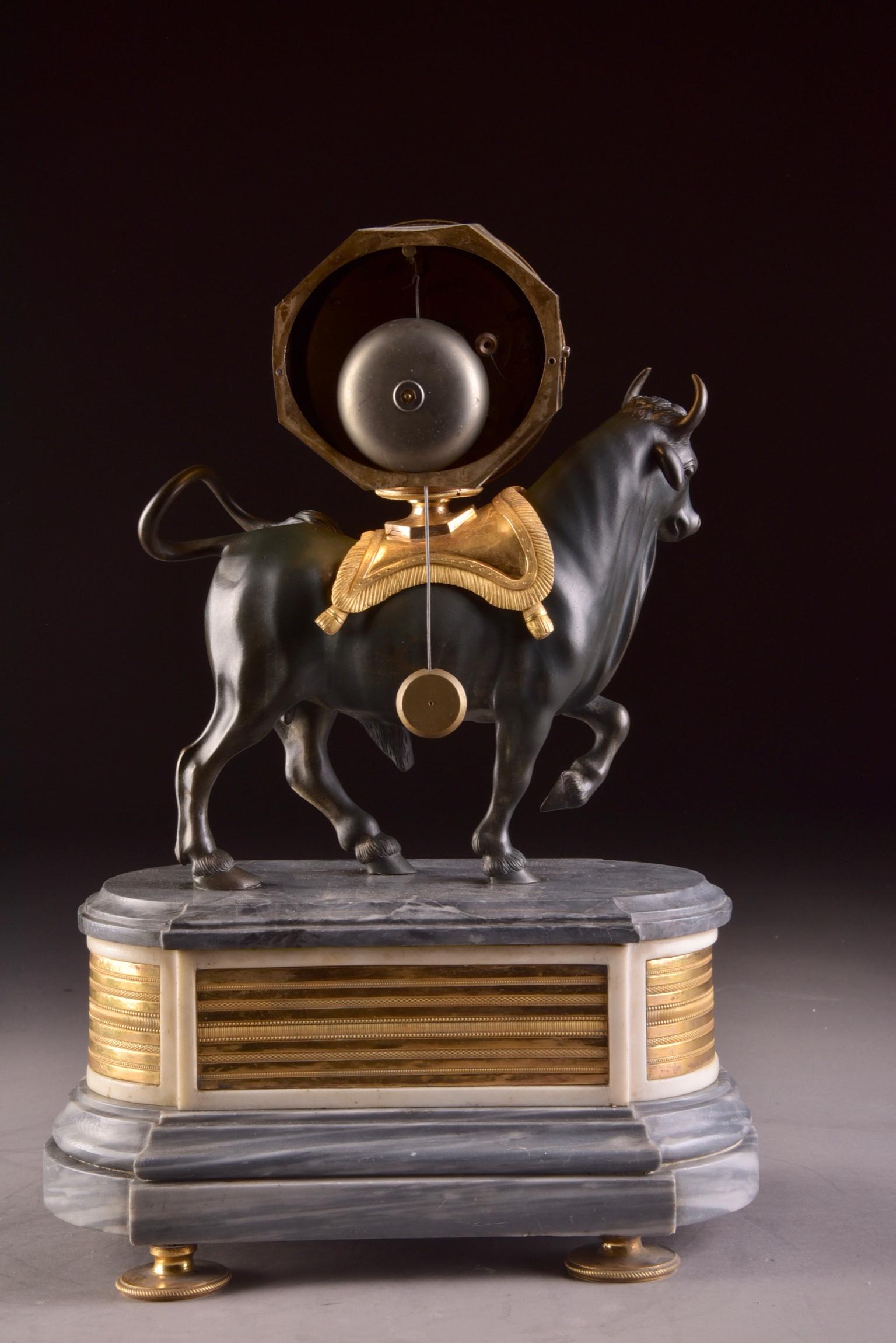 Rare French Patinated Gilt Bronze Directoire/Louis XVI Bull Clock, Gaston Jolly 7