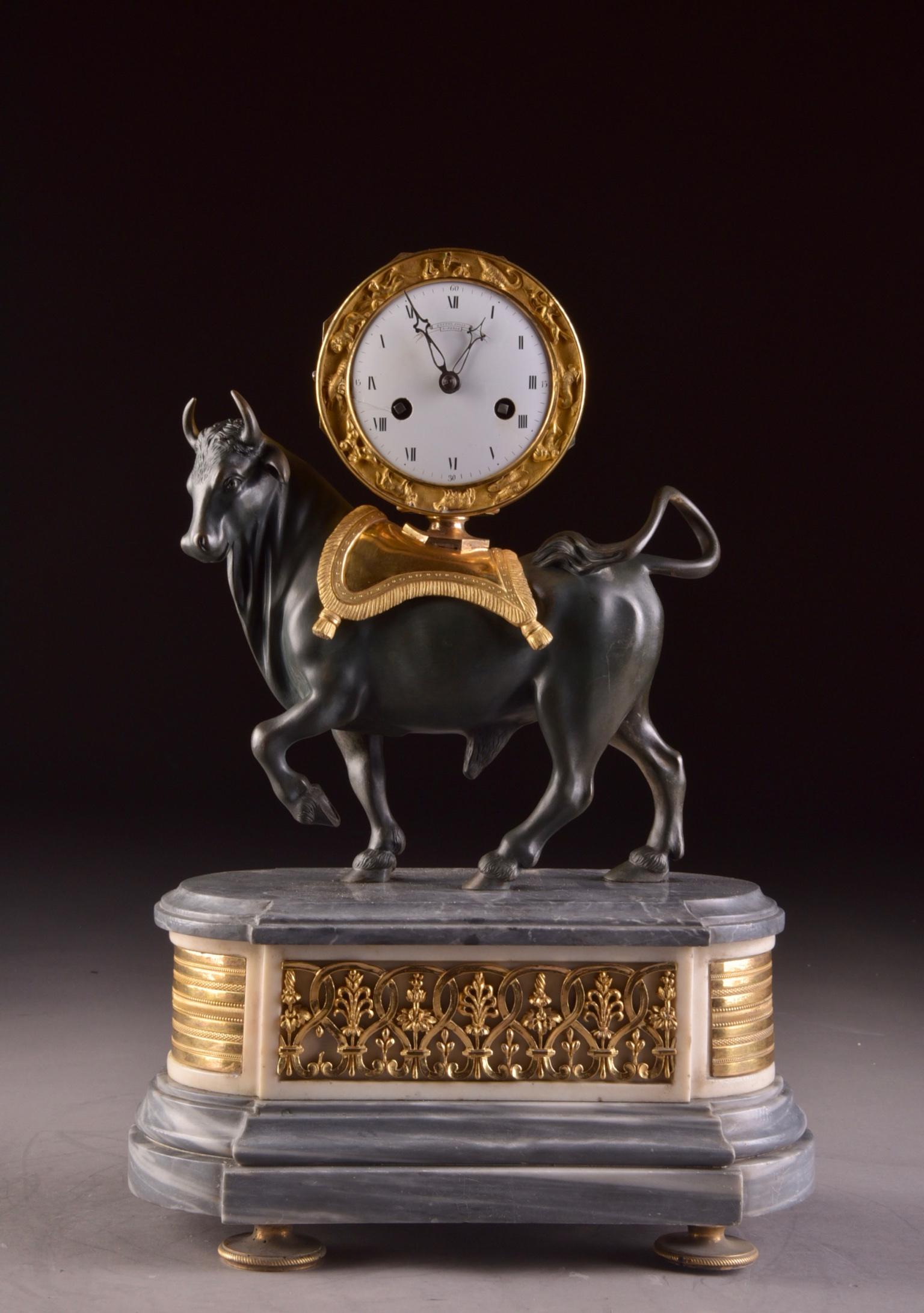 Rare French Patinated Gilt Bronze Directoire/Louis XVI Bull Clock, Gaston Jolly In Good Condition In Ulestraten, Limburg