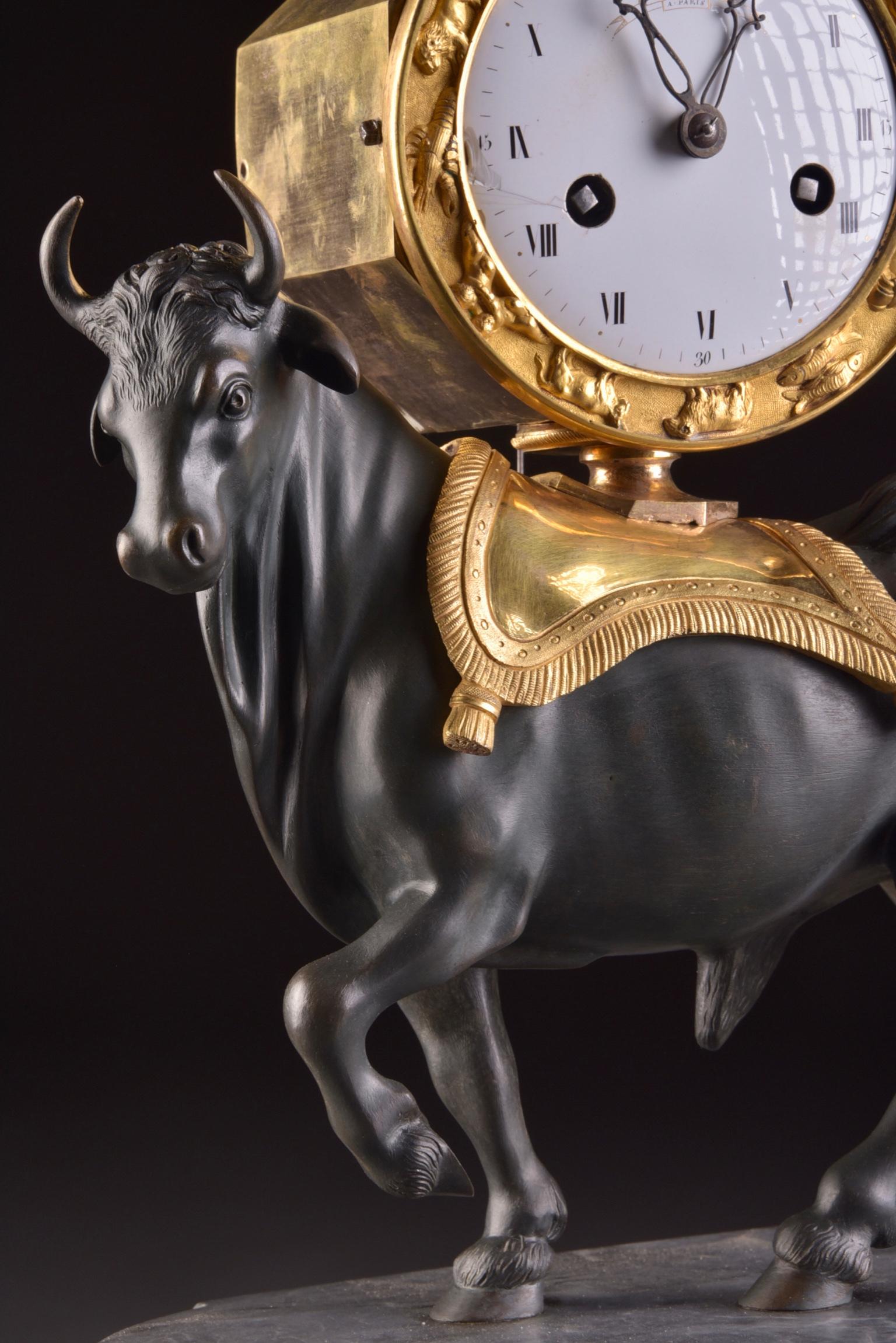 18th Century Rare French Patinated Gilt Bronze Directoire/Louis XVI Bull Clock, Gaston Jolly