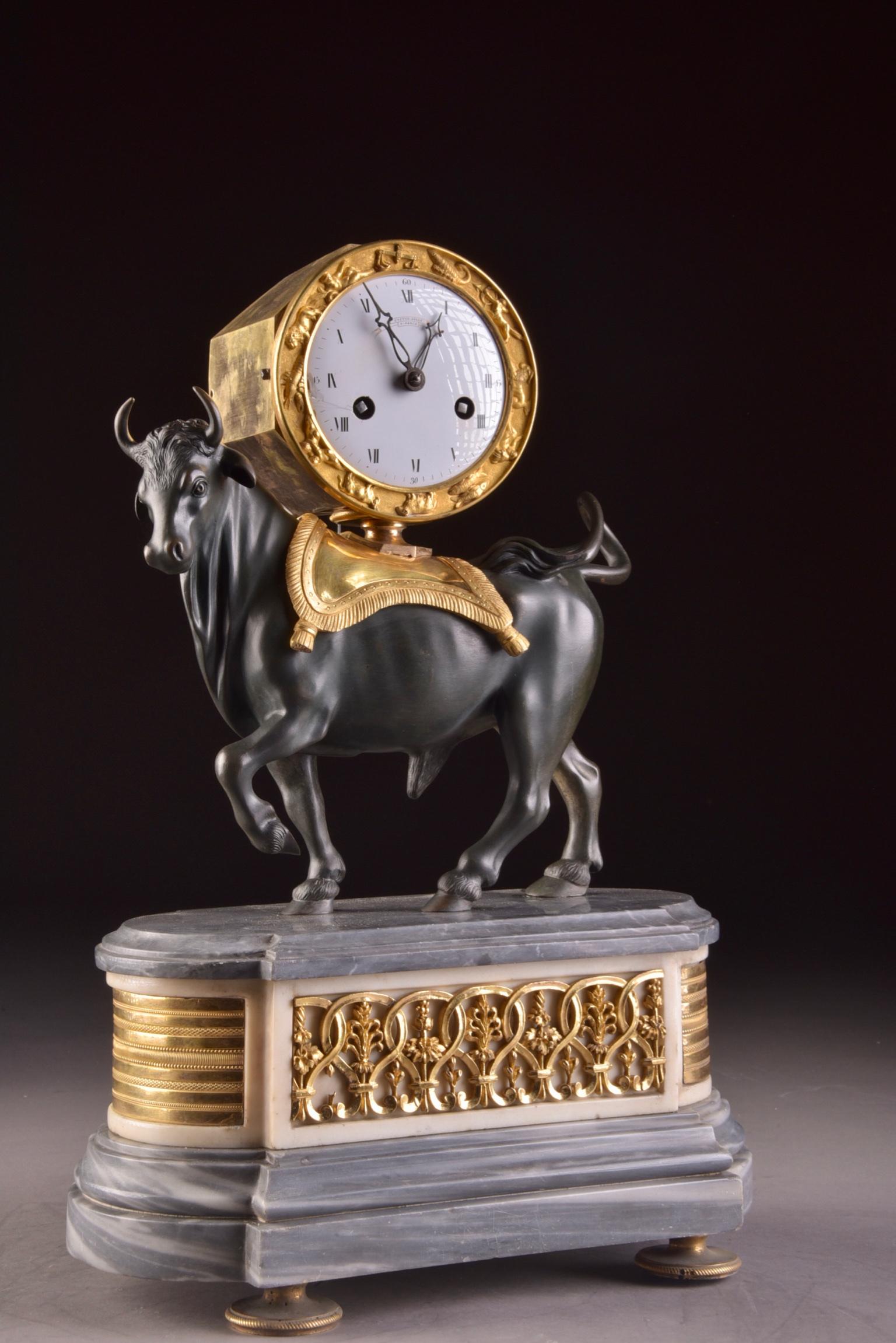 Rare French Patinated Gilt Bronze Directoire/Louis XVI Bull Clock, Gaston Jolly 1
