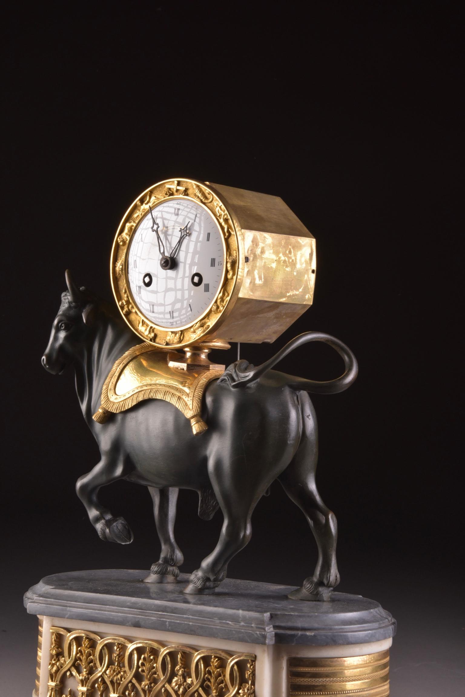 Rare French Patinated Gilt Bronze Directoire/Louis XVI Bull Clock, Gaston Jolly 2