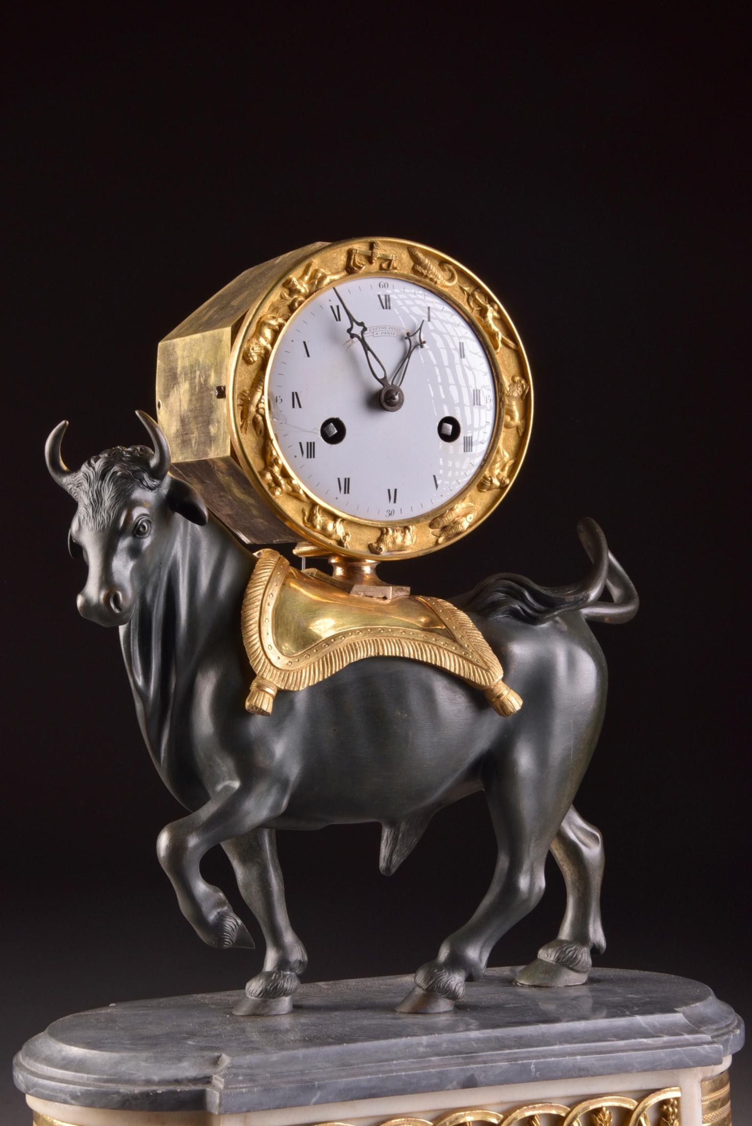 Rare French Patinated Gilt Bronze Directoire/Louis XVI Bull Clock, Gaston Jolly 3
