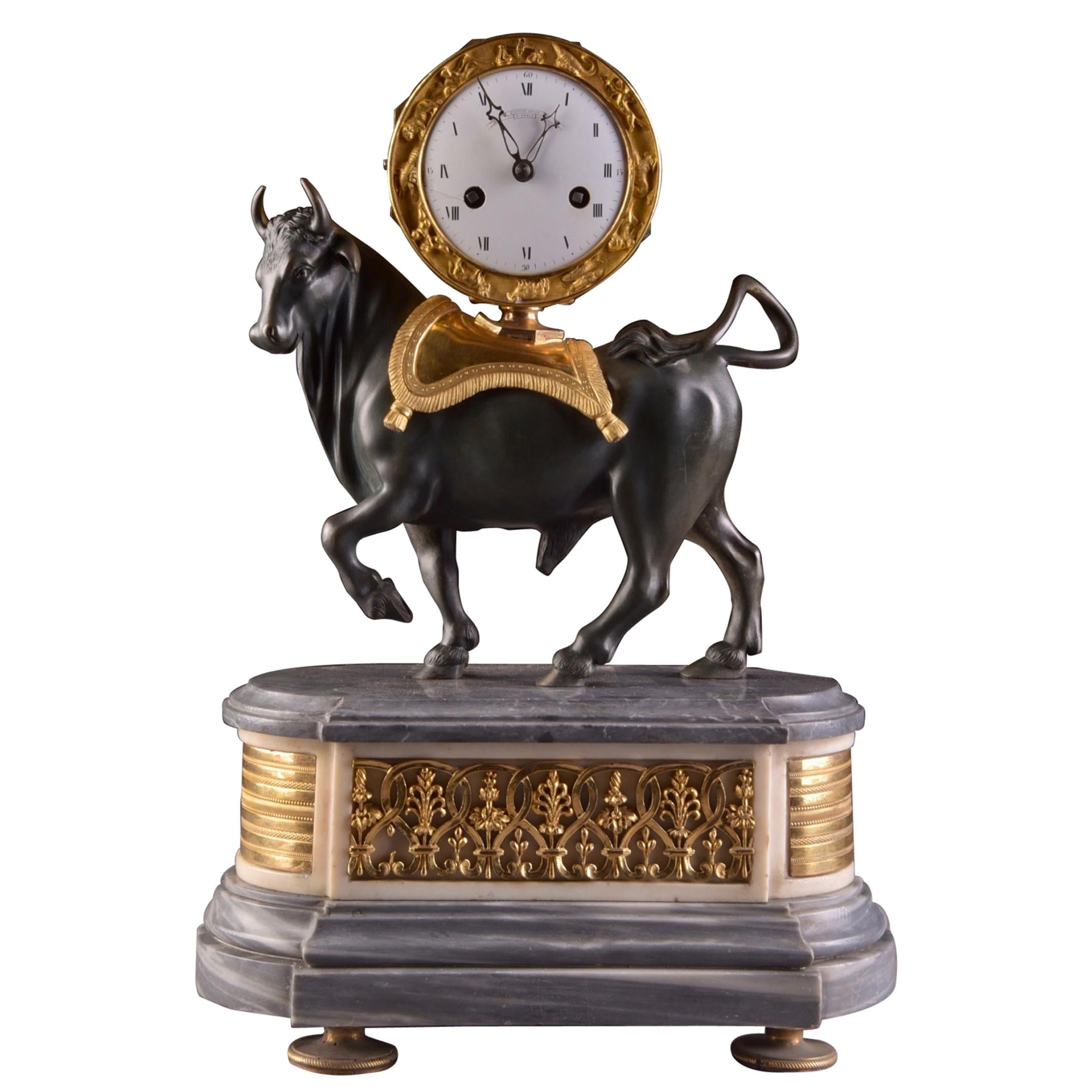 Rare French Patinated Gilt Bronze Directoire/Louis XVI Bull Clock, Gaston Jolly