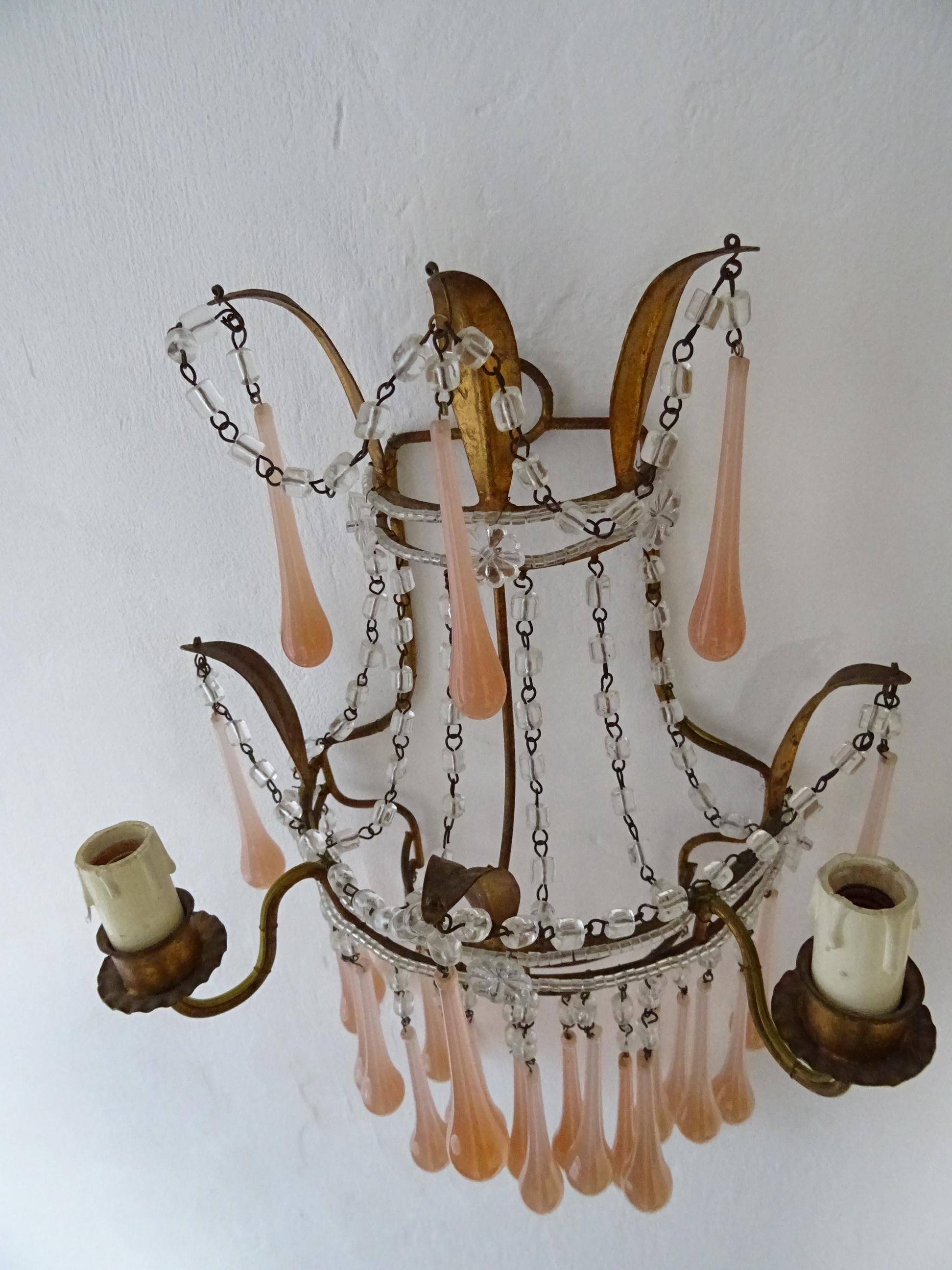 Rare French Pink Peach Beaded Tole Murano Drops Sconces, circa 1920 For Sale 5