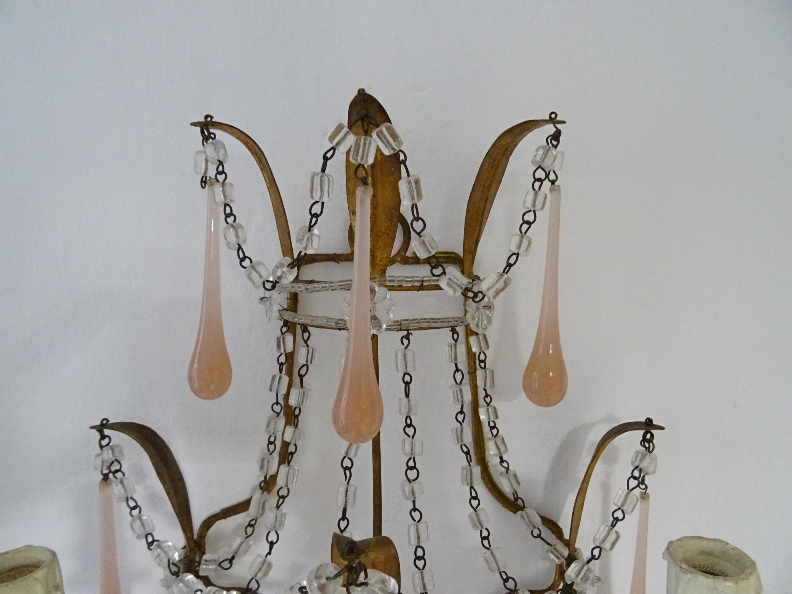 Early 20th Century Rare French Pink Peach Beaded Tole Murano Drops Sconces, circa 1920 For Sale
