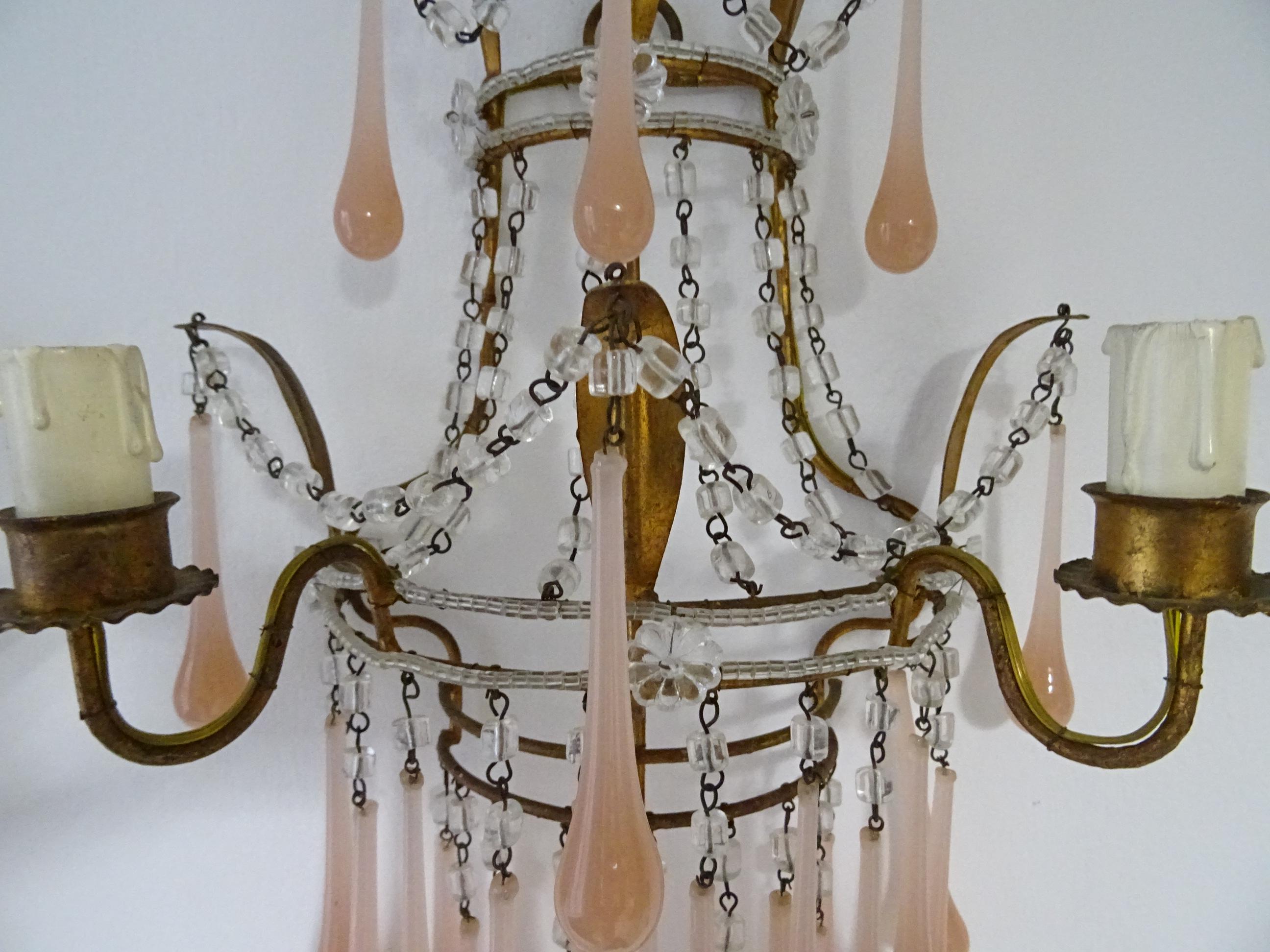 Crystal Rare French Pink Peach Beaded Tole Murano Drops Sconces, circa 1920 For Sale