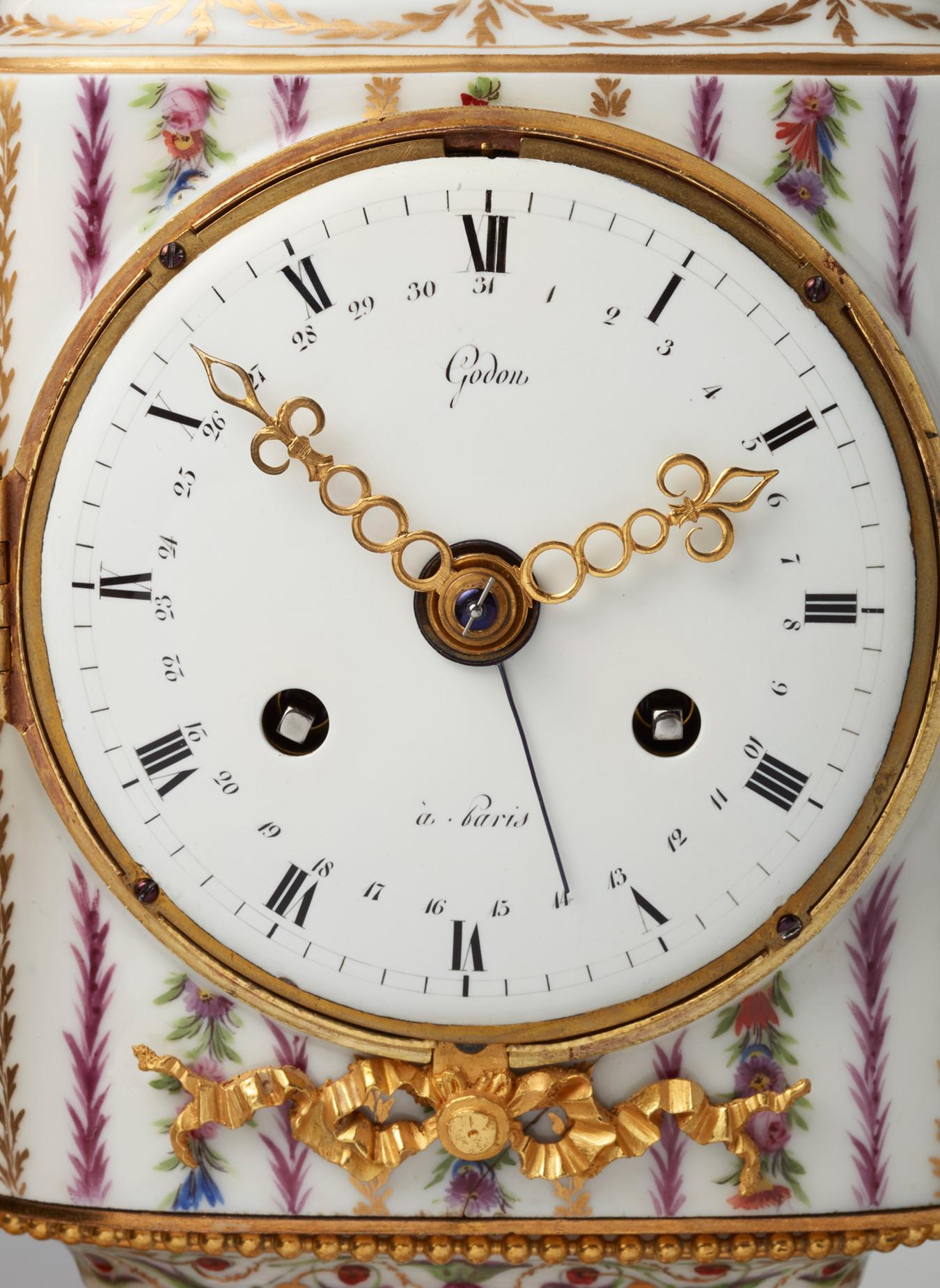 18th Century and Earlier Rare French porcelain and gilt bronze mantel clock by Godon For Sale