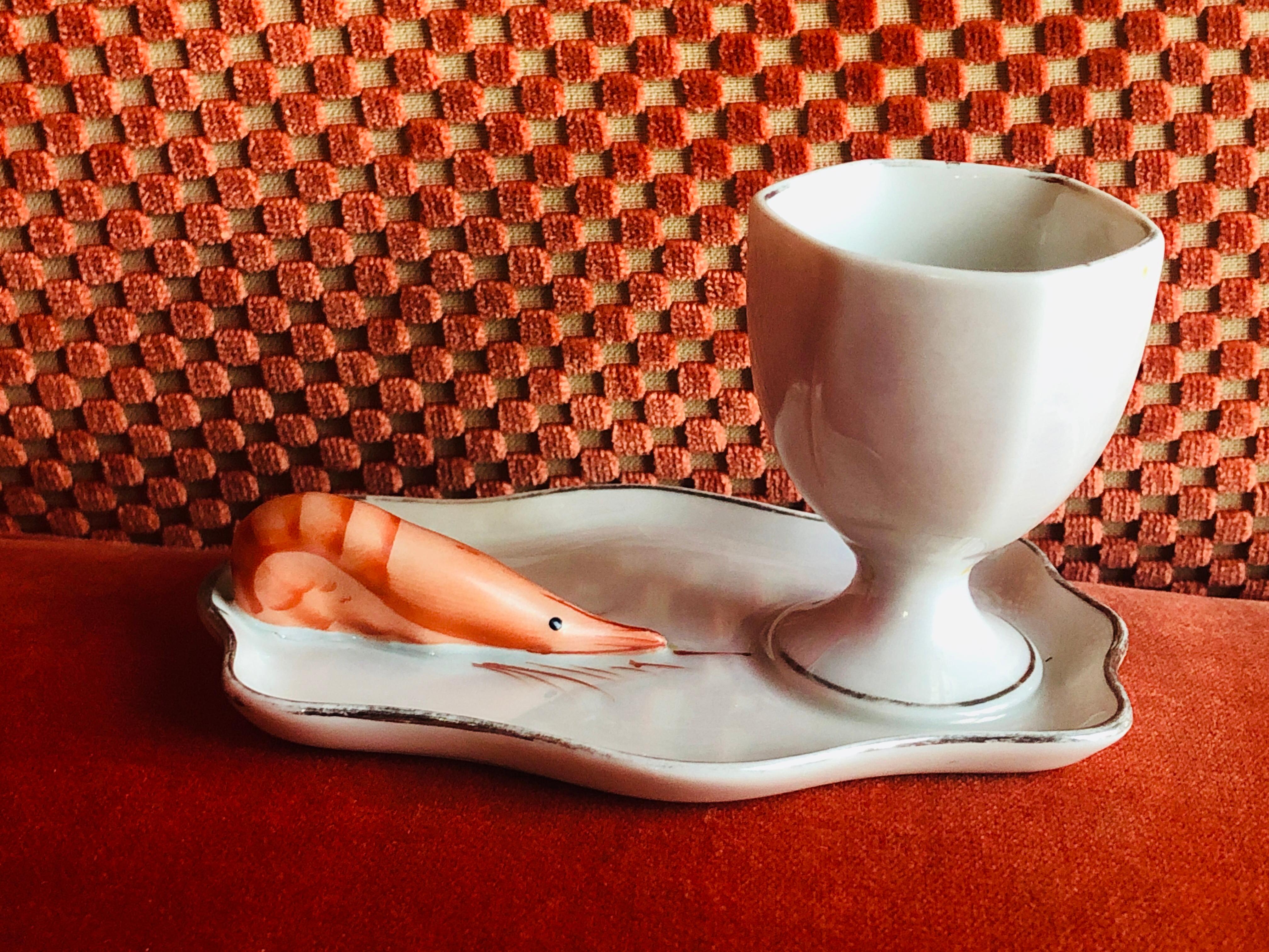 19th Century Rare French Porcelain Egg Cup with a Shrimp Aside by Dadat Limoge For Sale