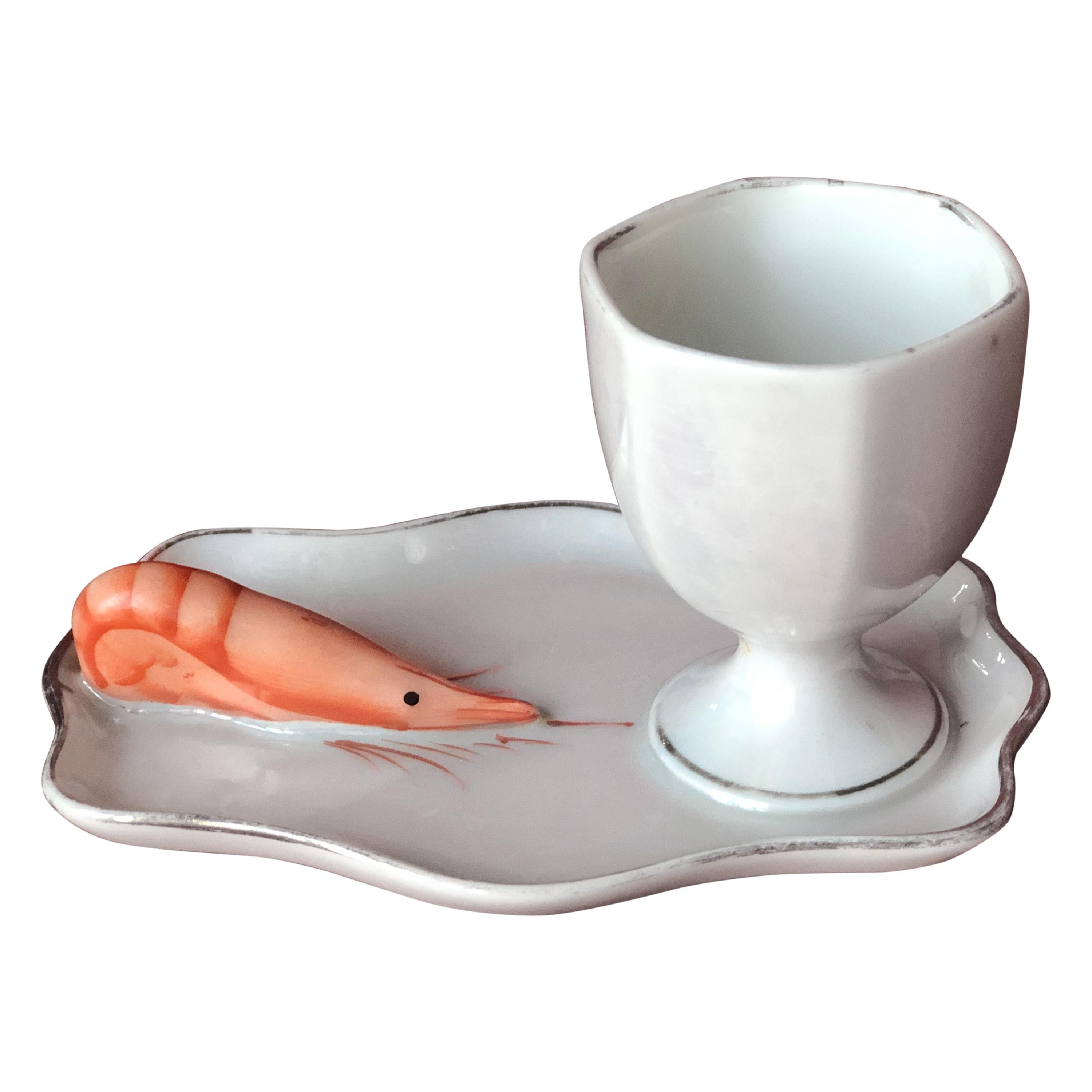 Rare French Porcelain Egg Cup with a Shrimp Aside by Dadat Limoge For Sale
