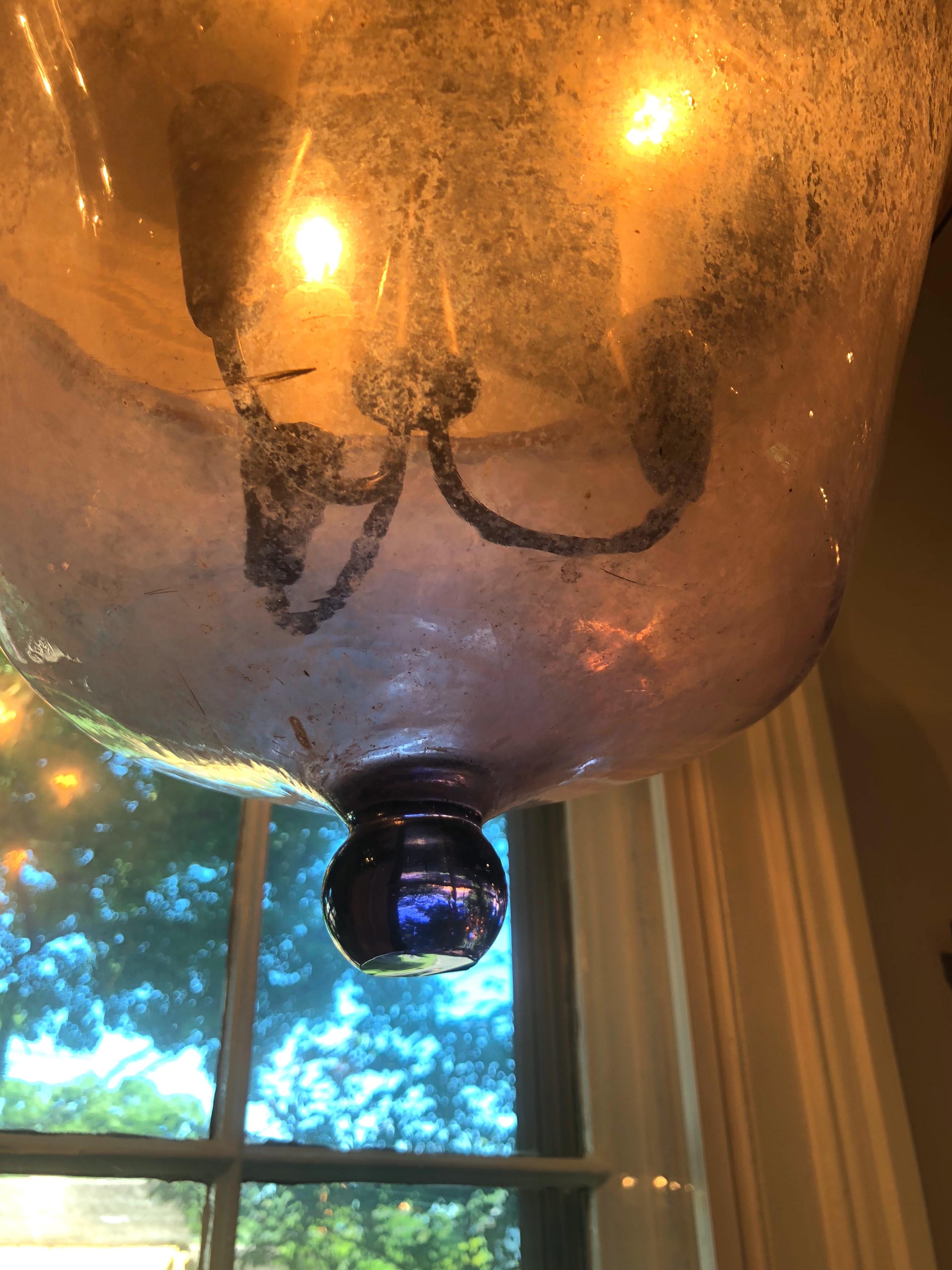 Hand-Crafted Rare French 19th Century Purple Glass Melon Cloche Hanging Light