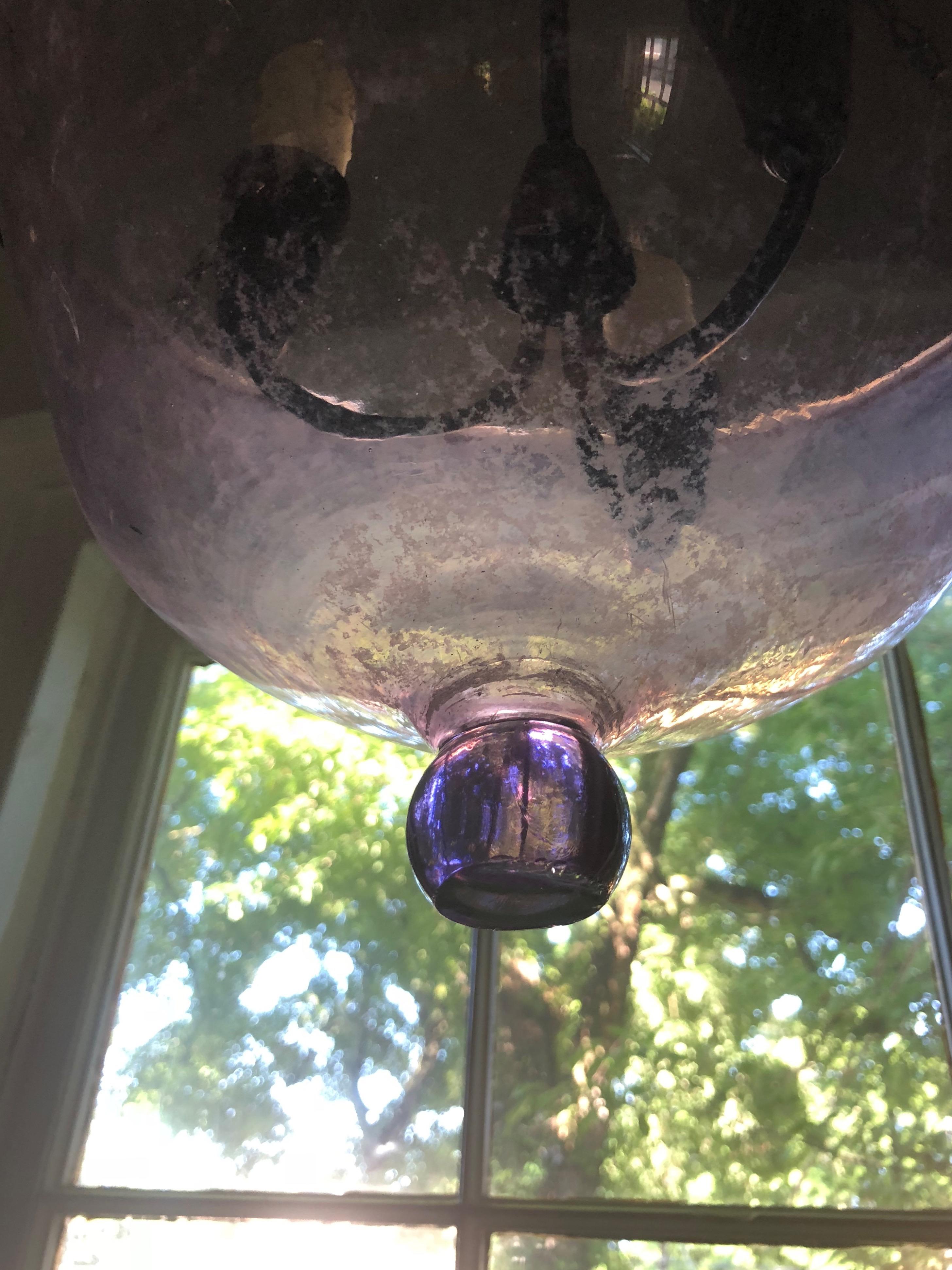 Hand-Crafted Rare French 19th Century Purple Glass Melon Cloche Hanging Light