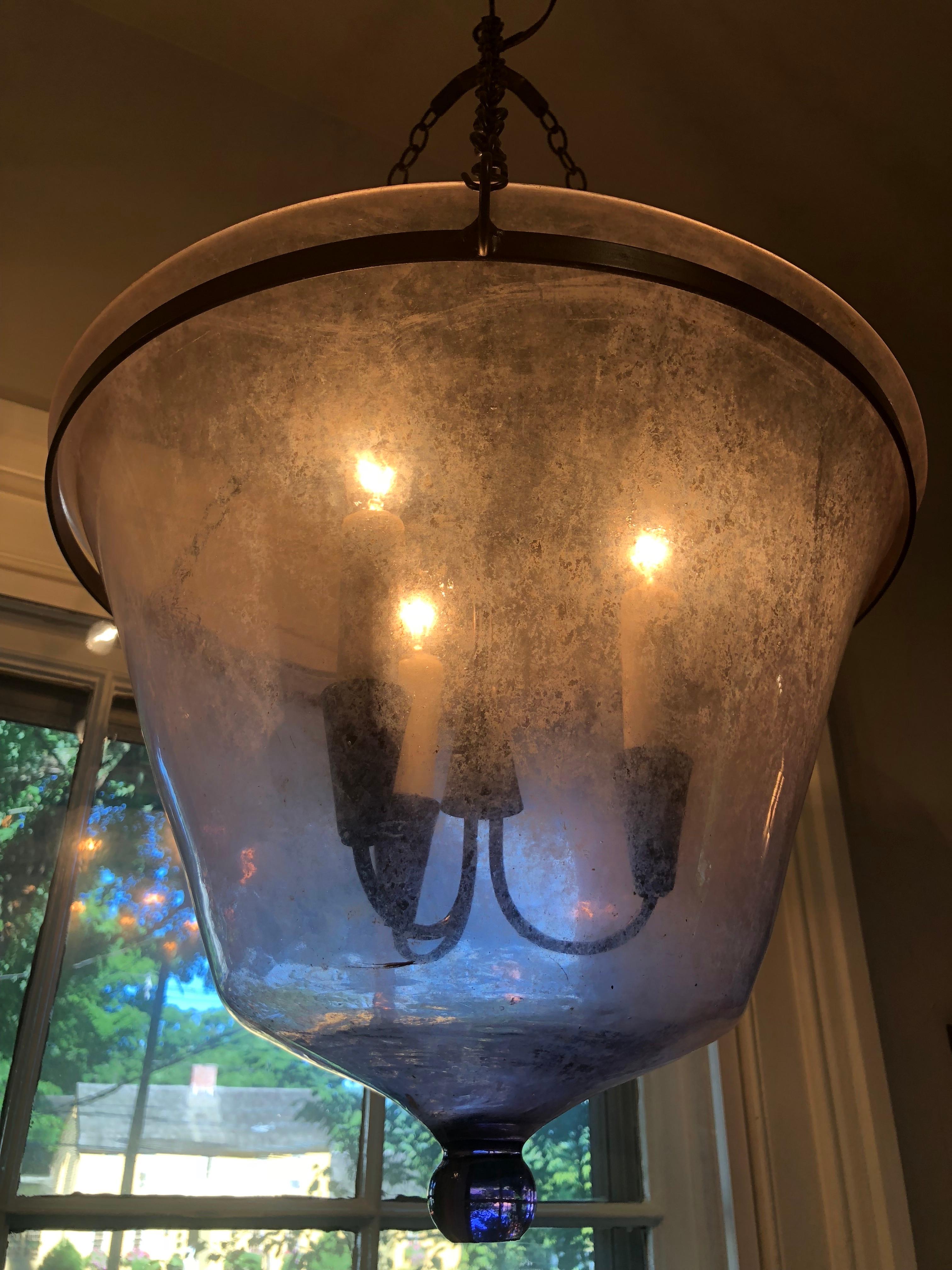 Rare French 19th Century Purple Glass Melon Cloche Hanging Light In Good Condition In Woodbury, CT