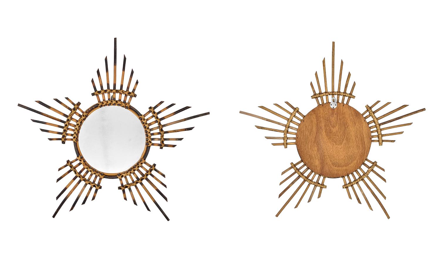 Rare miroir mural solaire en bambou rond, 1960s en vente 4