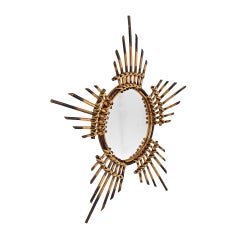 Rare French Round Bamboo Sun Wall Mirror, 1960s