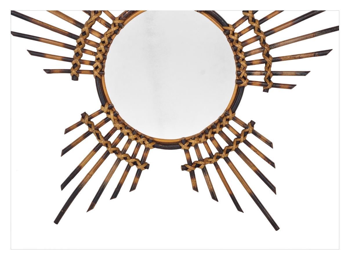 Rare miroir mural solaire en bambou rond, 1960s Bon état - En vente à Paris, FR