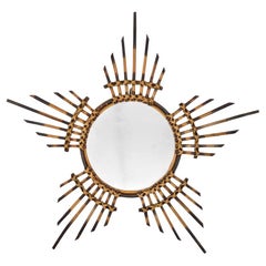 Rare French Round Bamboo Sun Wall Mirror, 1960s
