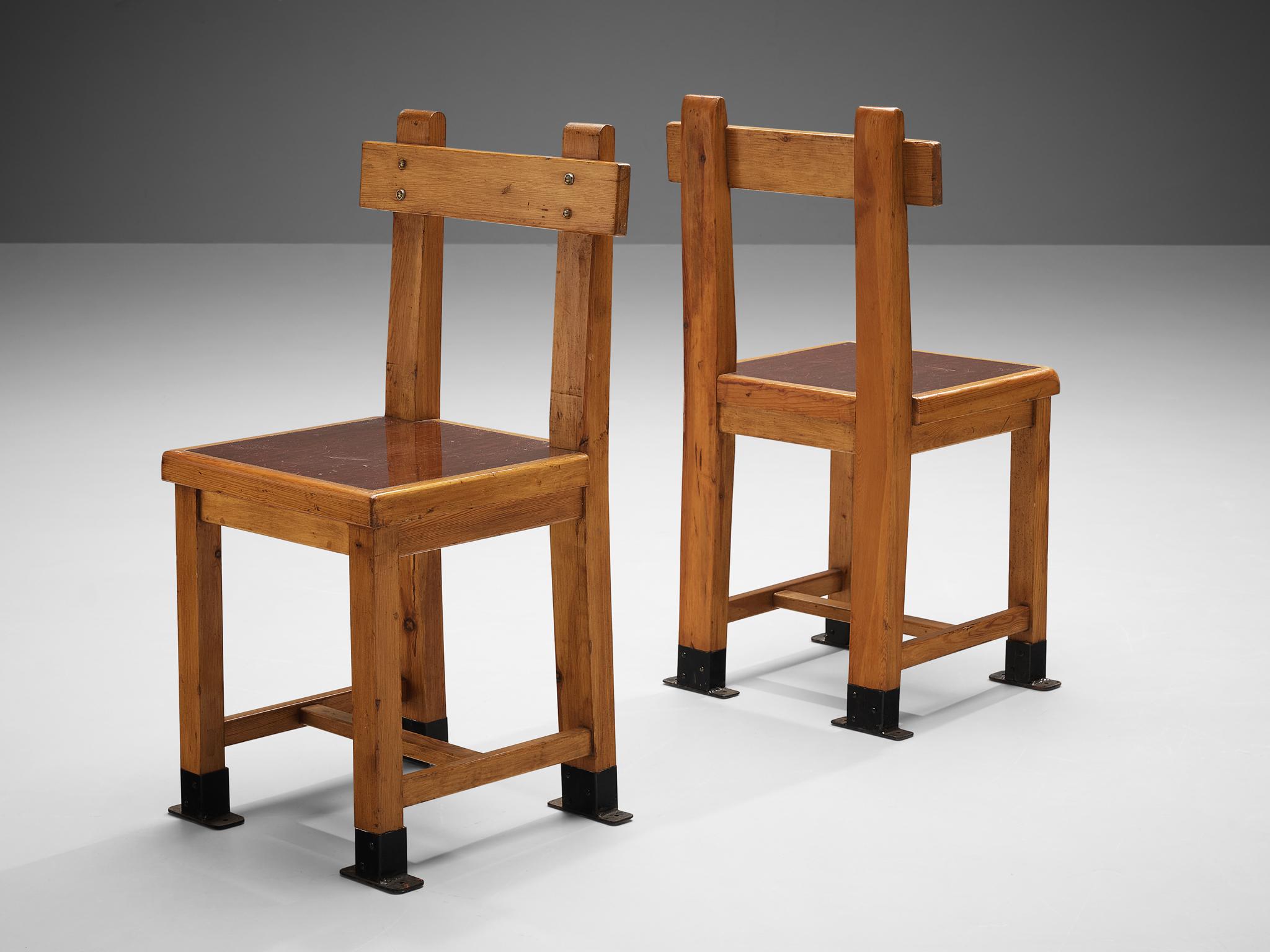 Art Deco Rare French Set of Four Dining Chairs in Pine with Metal Feet